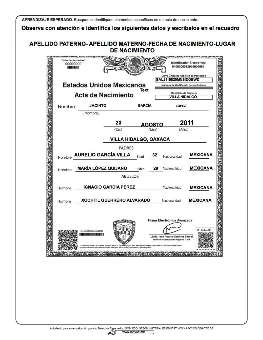 Acta de nacimiento-2º de primaria