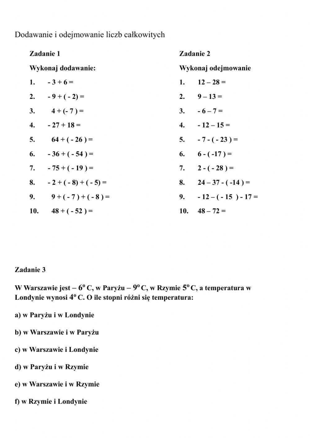 Odejmowanie i dodawanie liczb całkowitych