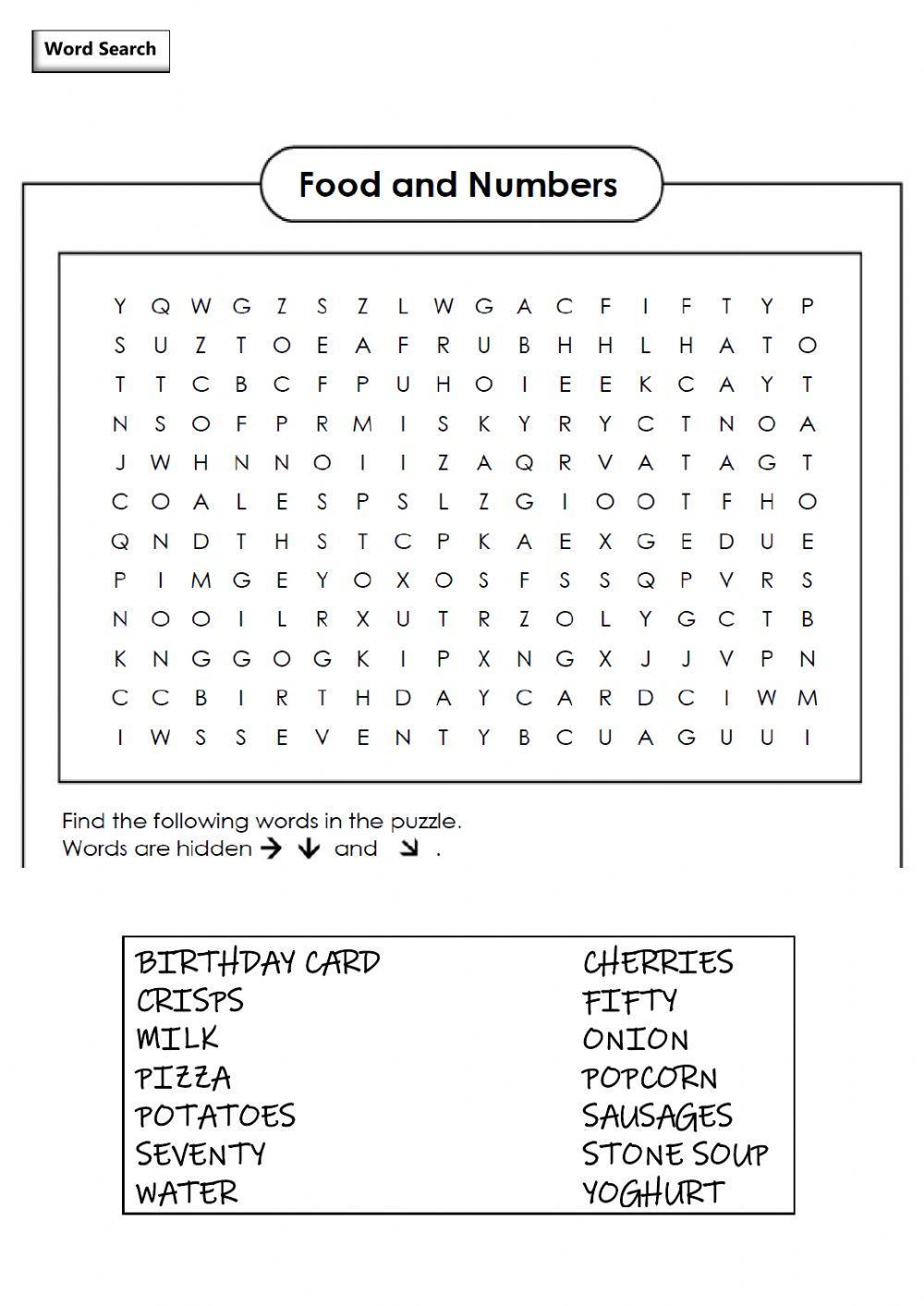 Food and Numbers Word Search