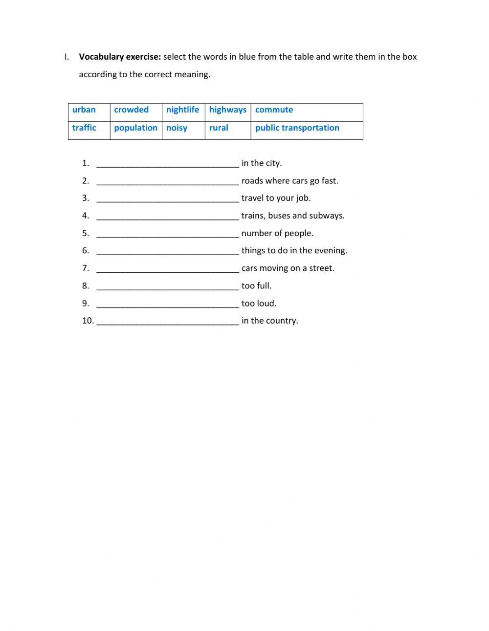 Vocabulary worksheet unit 3: cities