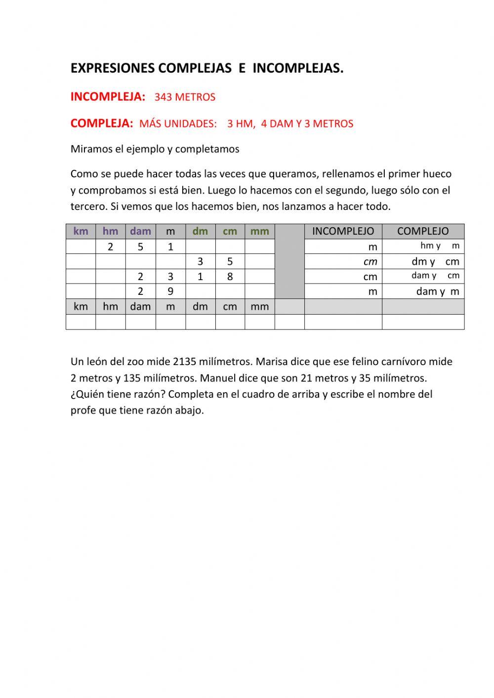 Expresiones complejas e incomplejas Expresiones complejas e incomplejas
