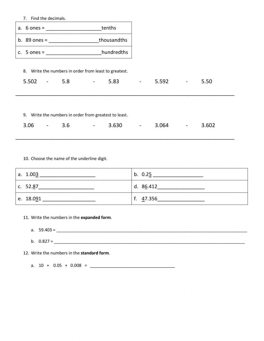 Decimal numbers practice