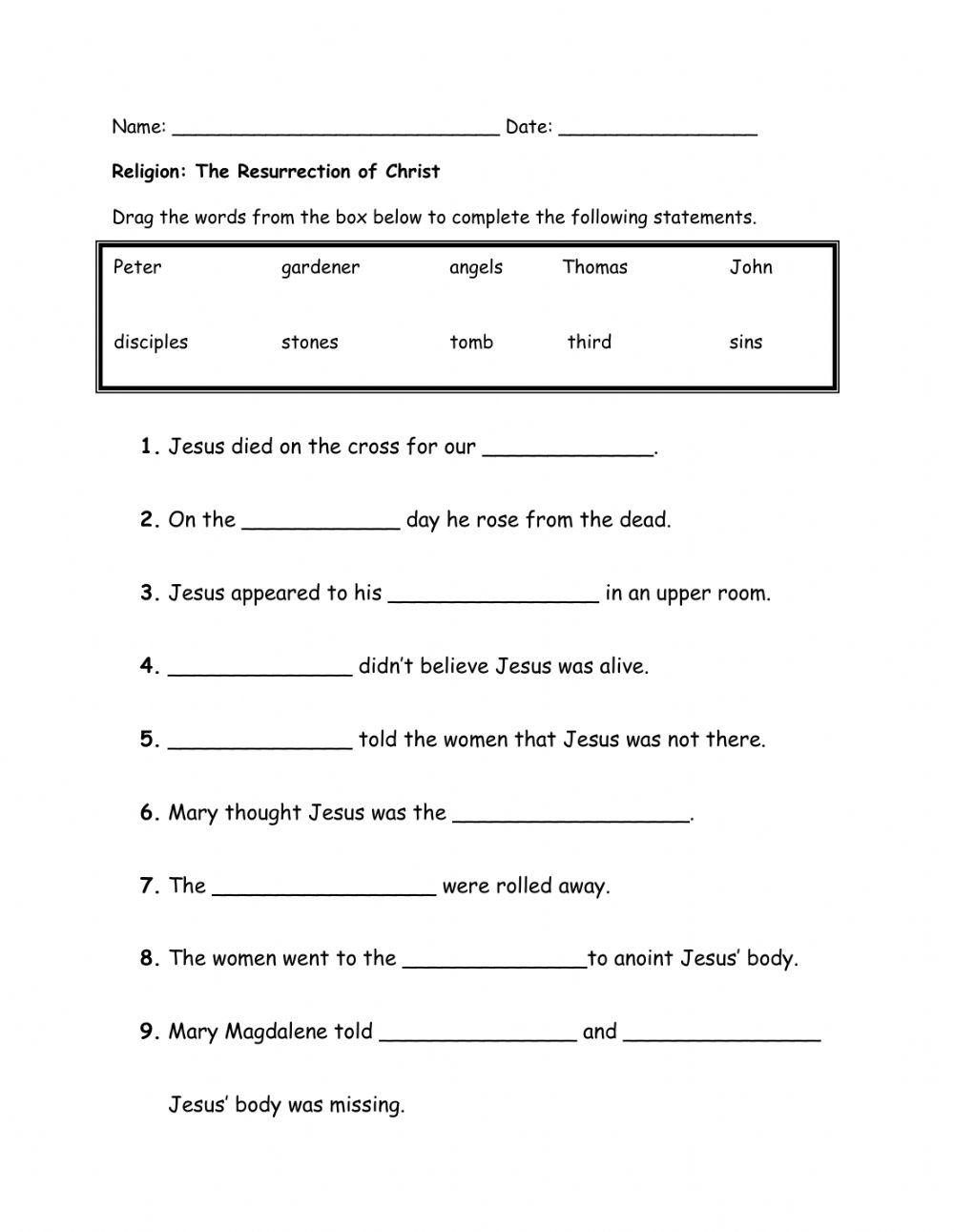 The resurrection of jesus worksheet online exercise for live worksheets
