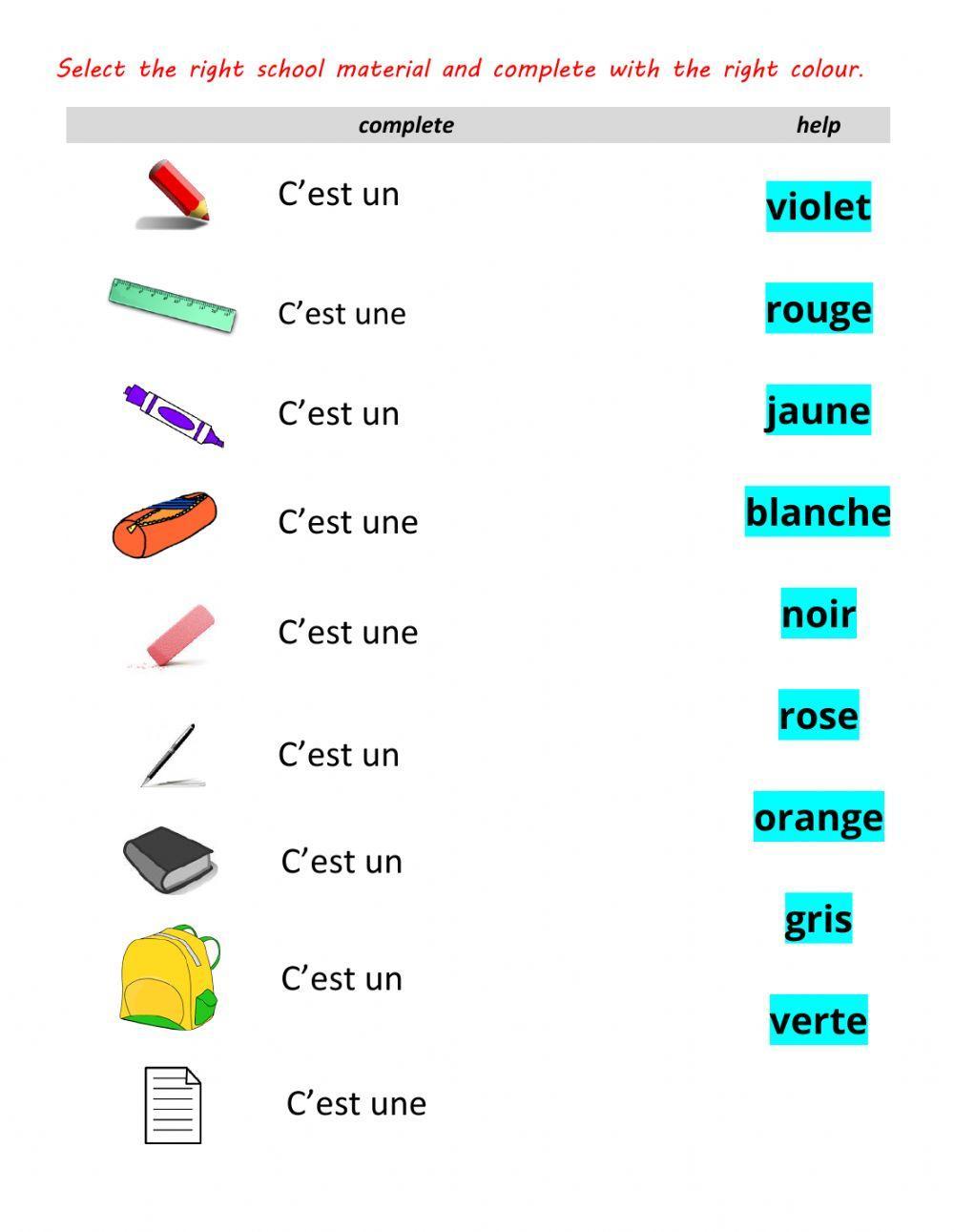 Materiel fournitures scolaires 2 worksheet