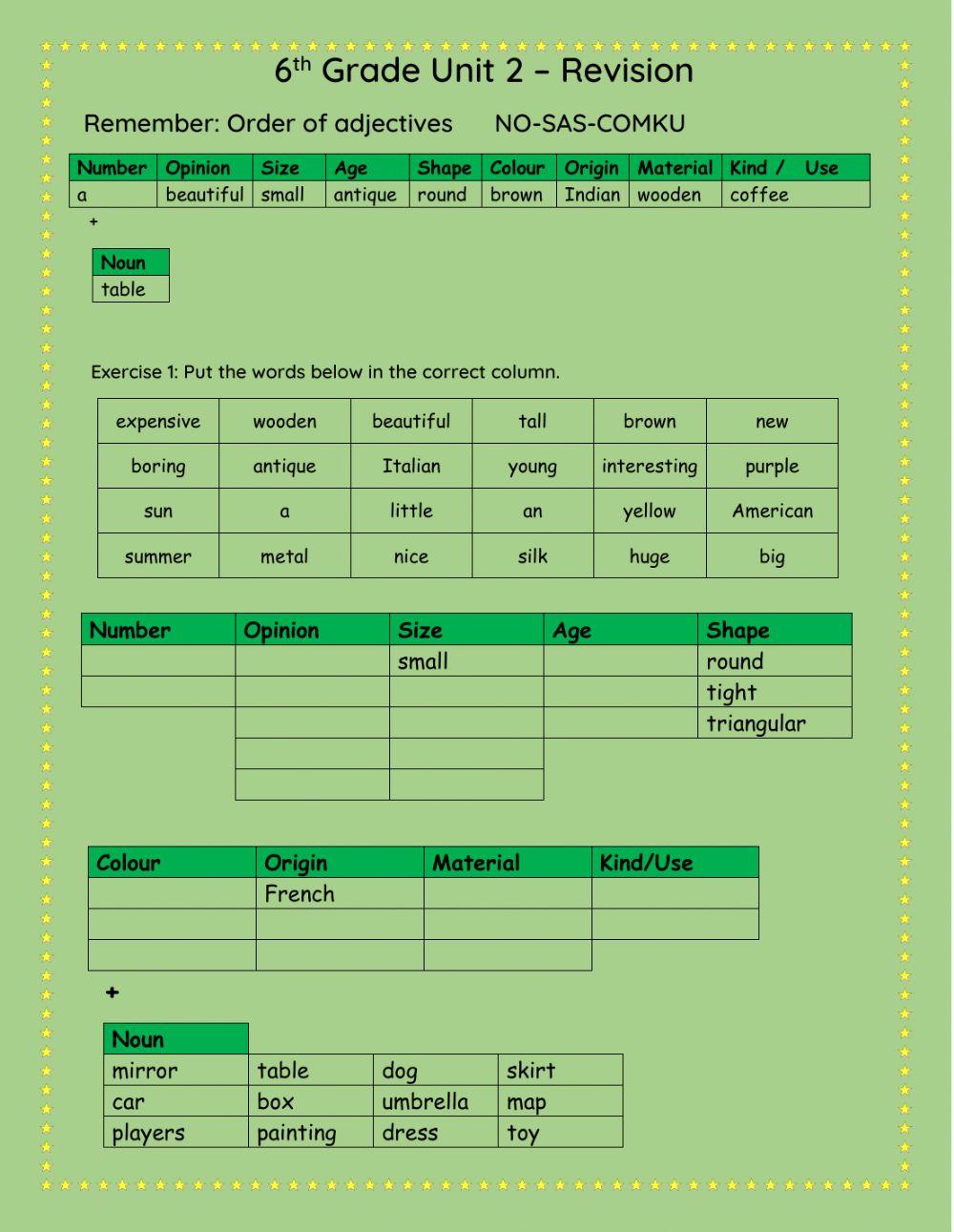 Order of adjectives, shops and products