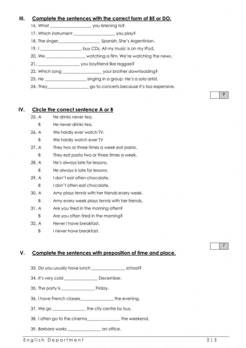 Grade 4 English File Grammar Test