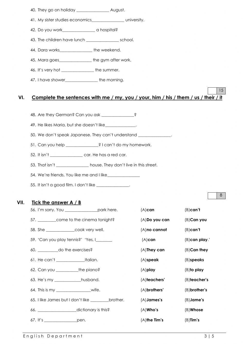 Grade 4 English File Grammar Test