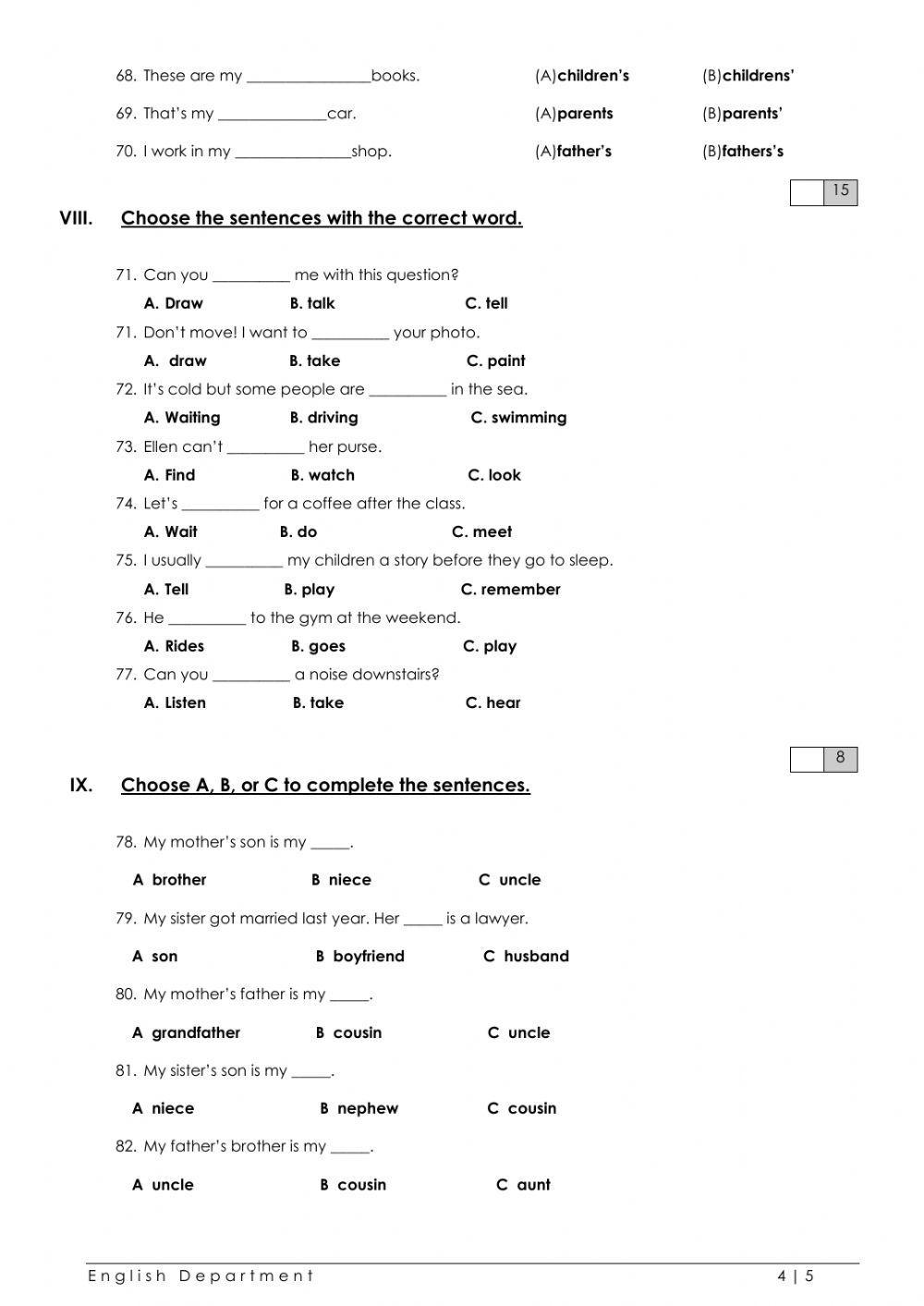 Grade 4 English File Grammar Test