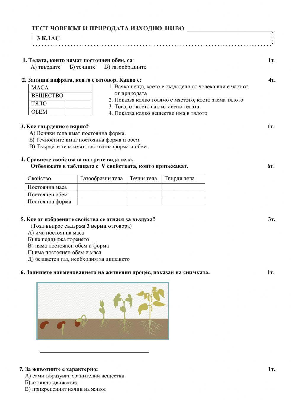 Изходно ниво Човекът и природата - 3 клас