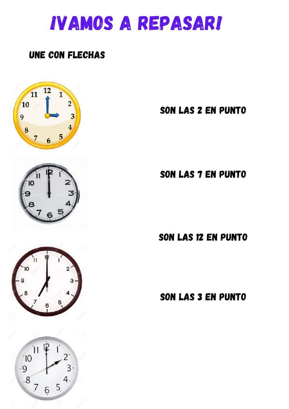 El reloj de agujas, la hora en punto e y media