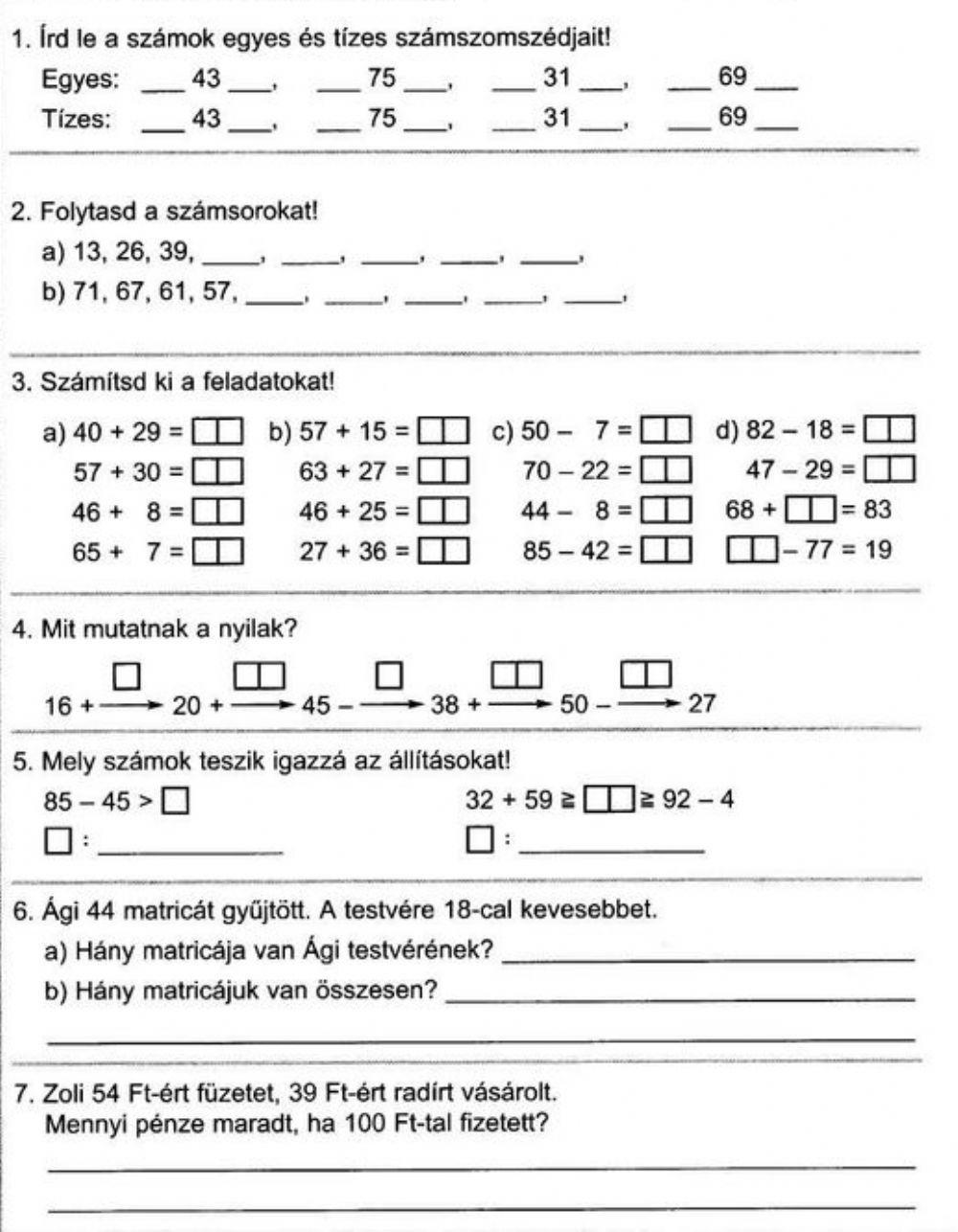 Matematika felmérés 2. osztály
