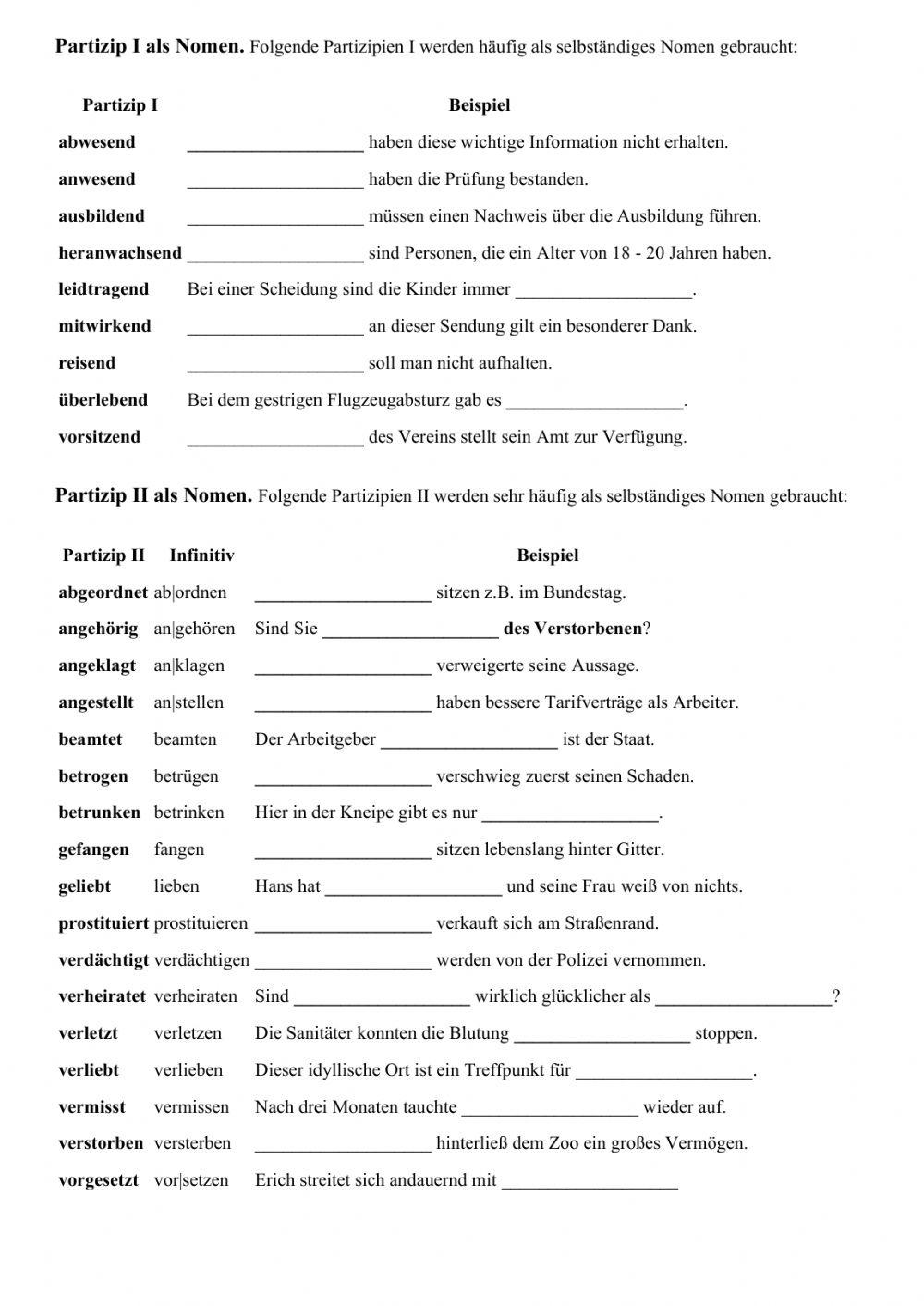 Partizipien Als Adjektive übungen Pdf Adjektive - Partizipien als Nomen 1. online exercise for | Live Worksheets