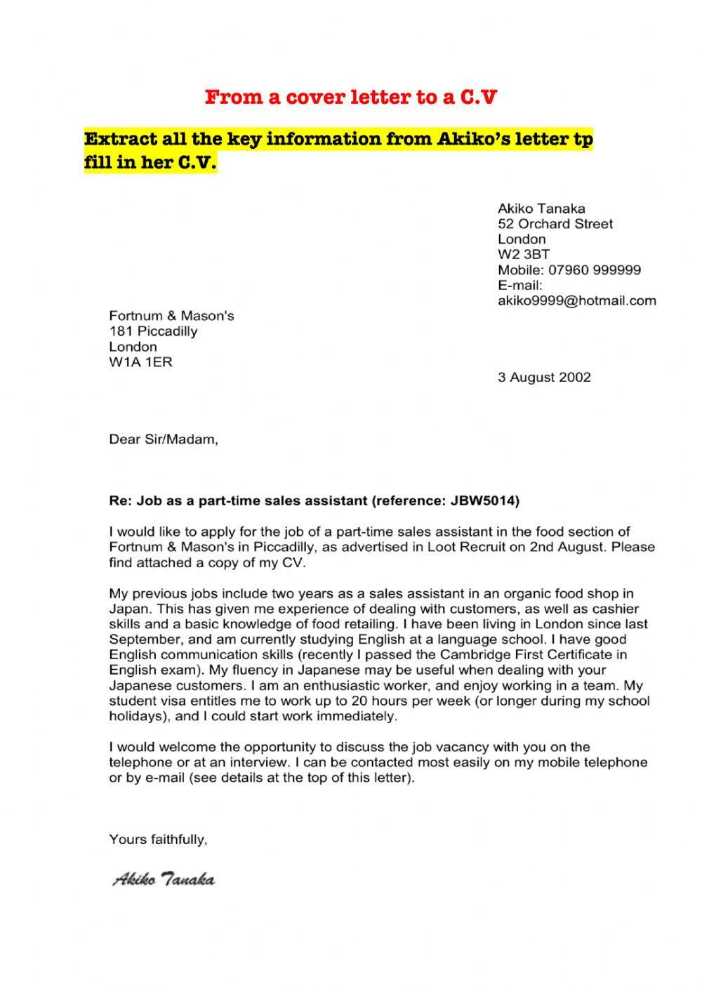 From a cover letter to a CV