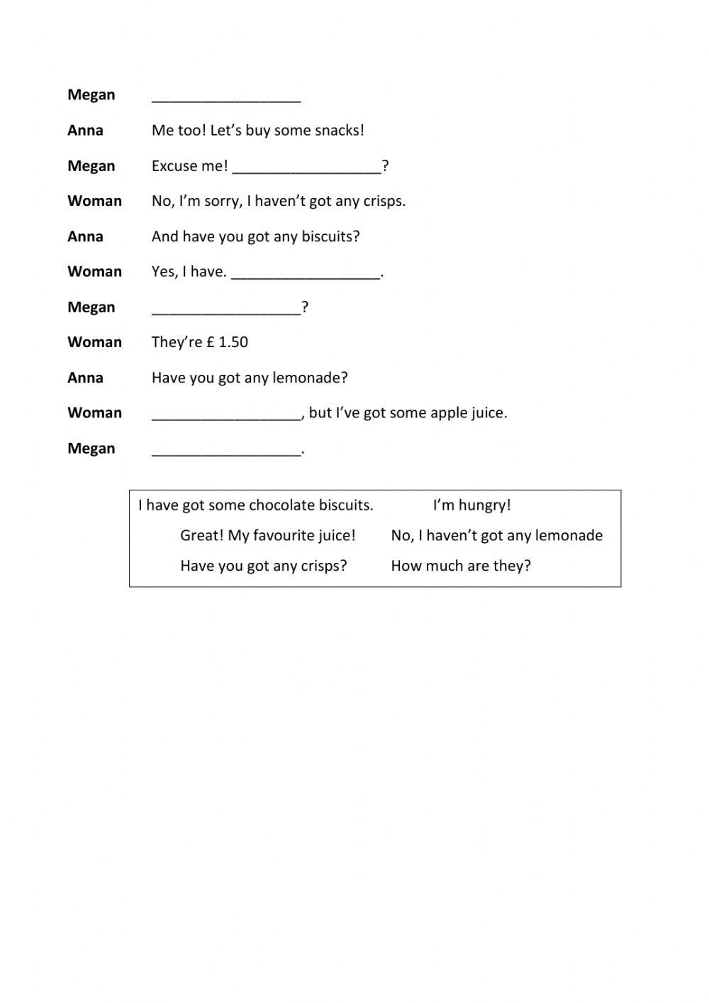 Buying snacks: complete the dialogue