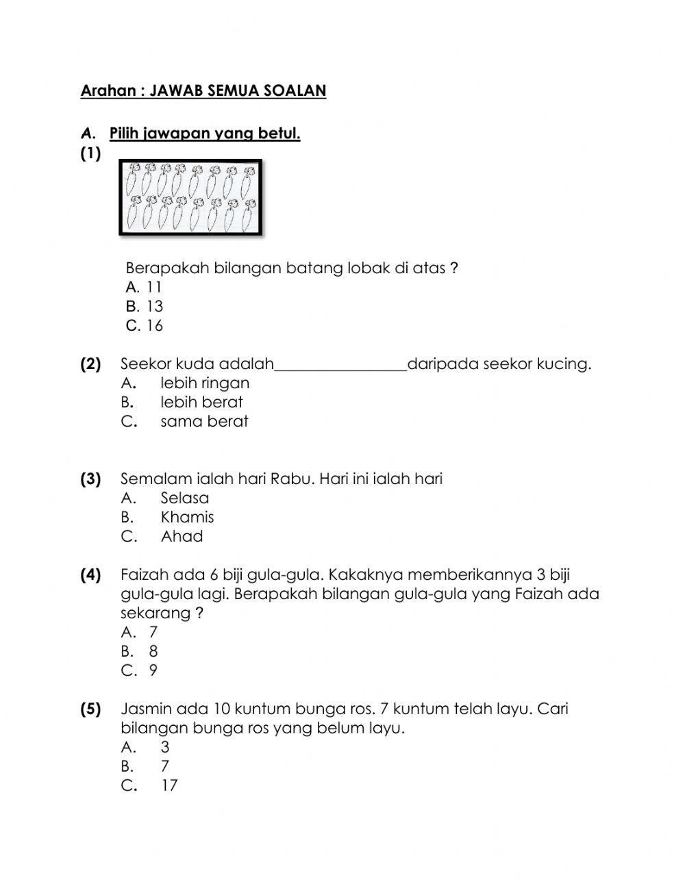 Latihan Pengukuhan 1 : Matematik Tahun 1 Latihan Pengukuhan 1 : Matematik Tahun 1