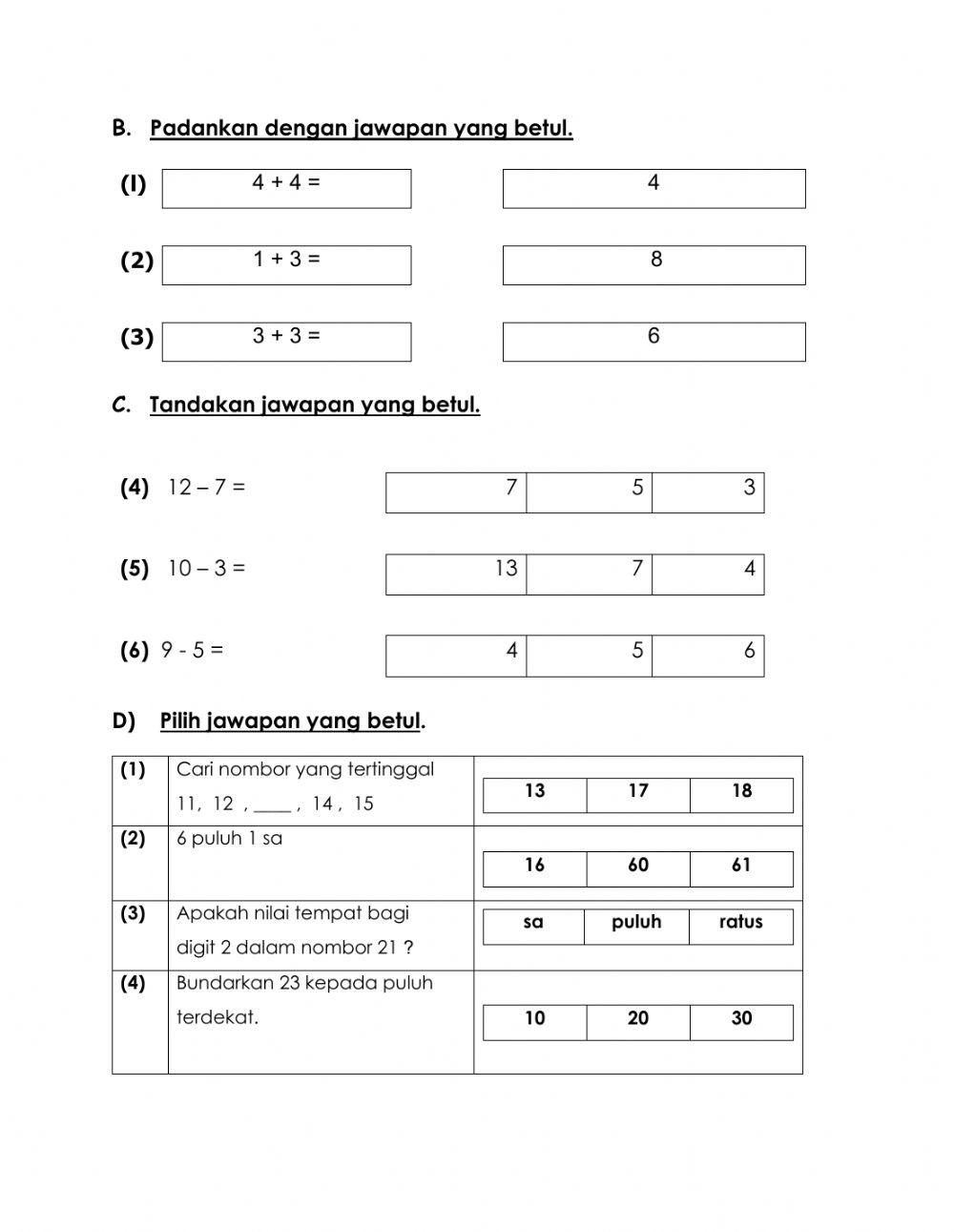 Latihan Pengukuhan 1 : Matematik Tahun 1 Latihan Pengukuhan 1 : Matematik Tahun 1