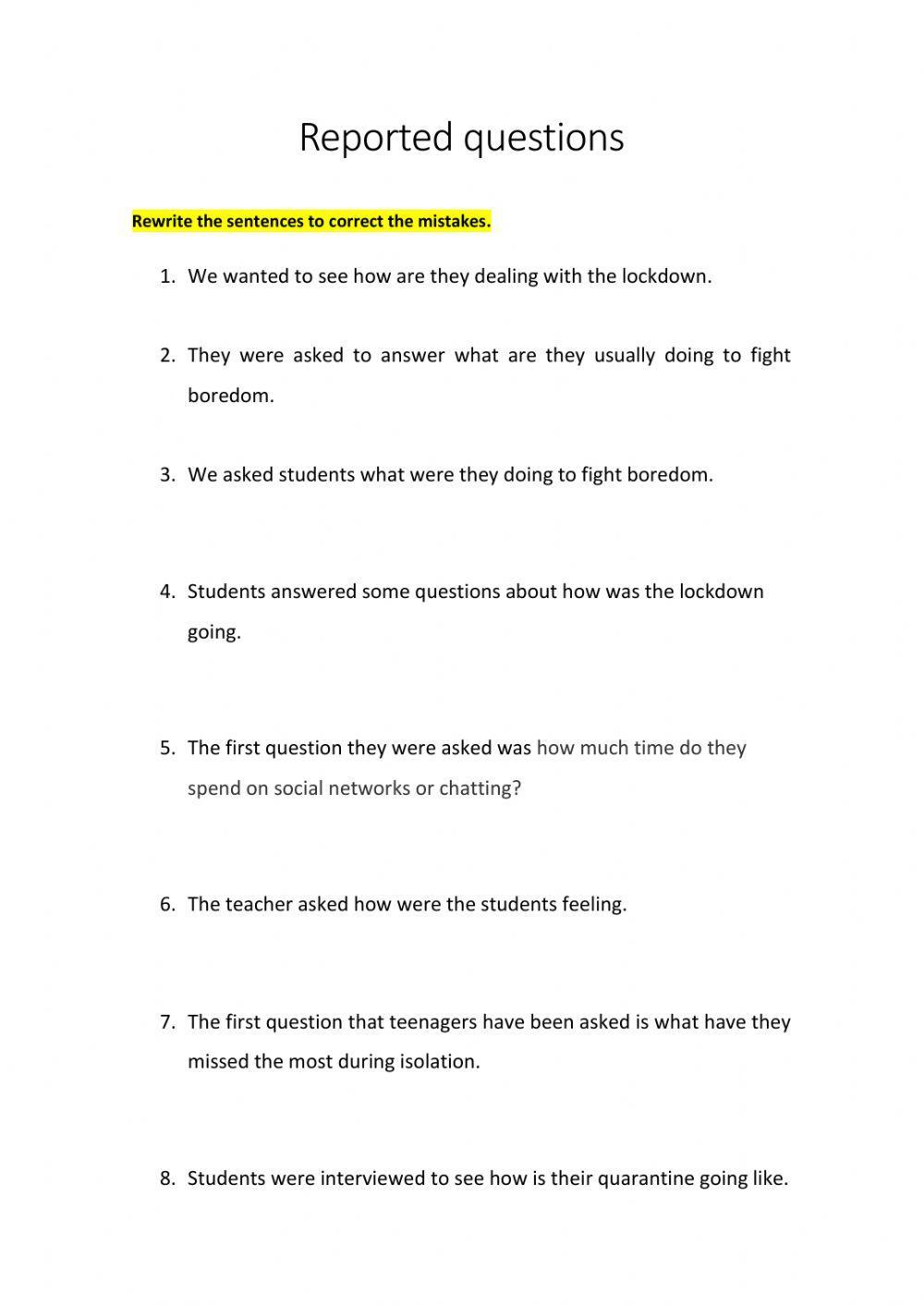 Reported questions worksheet for dbh 4 | Live Worksheets