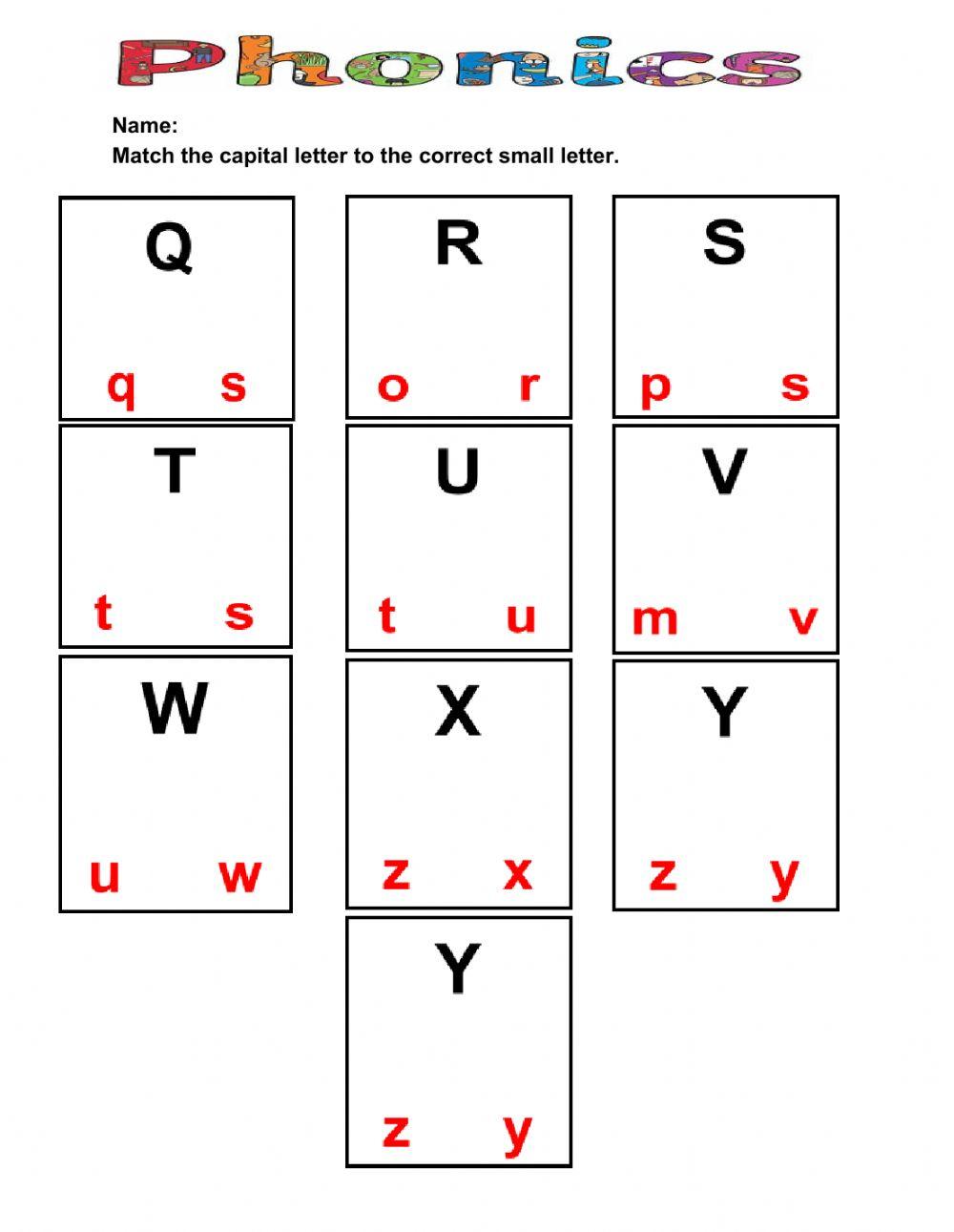 ELA worksheet (letters Qq-Zz) Matching