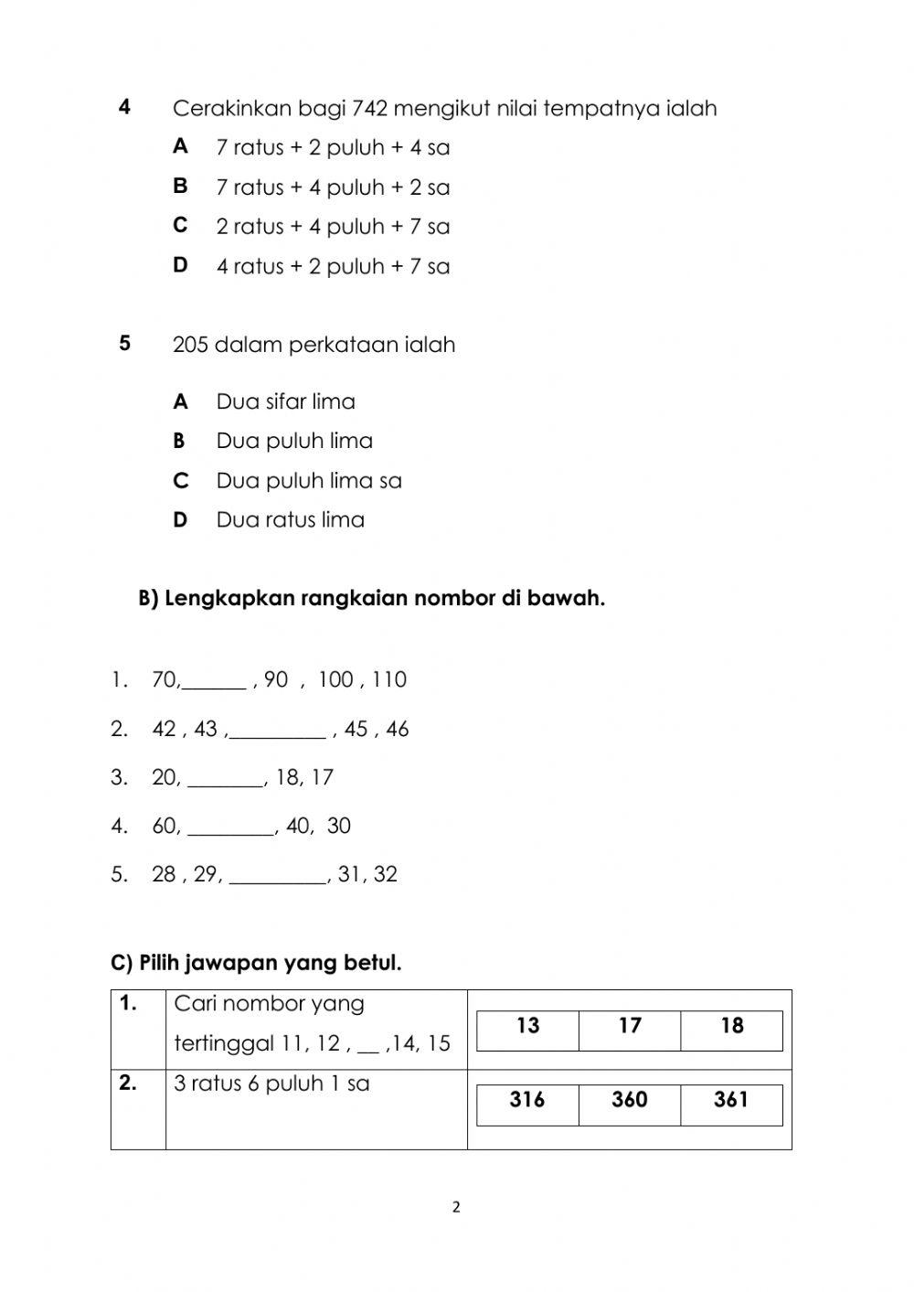 Latihan Pengukuhan 1 : Matematik Tahun 2