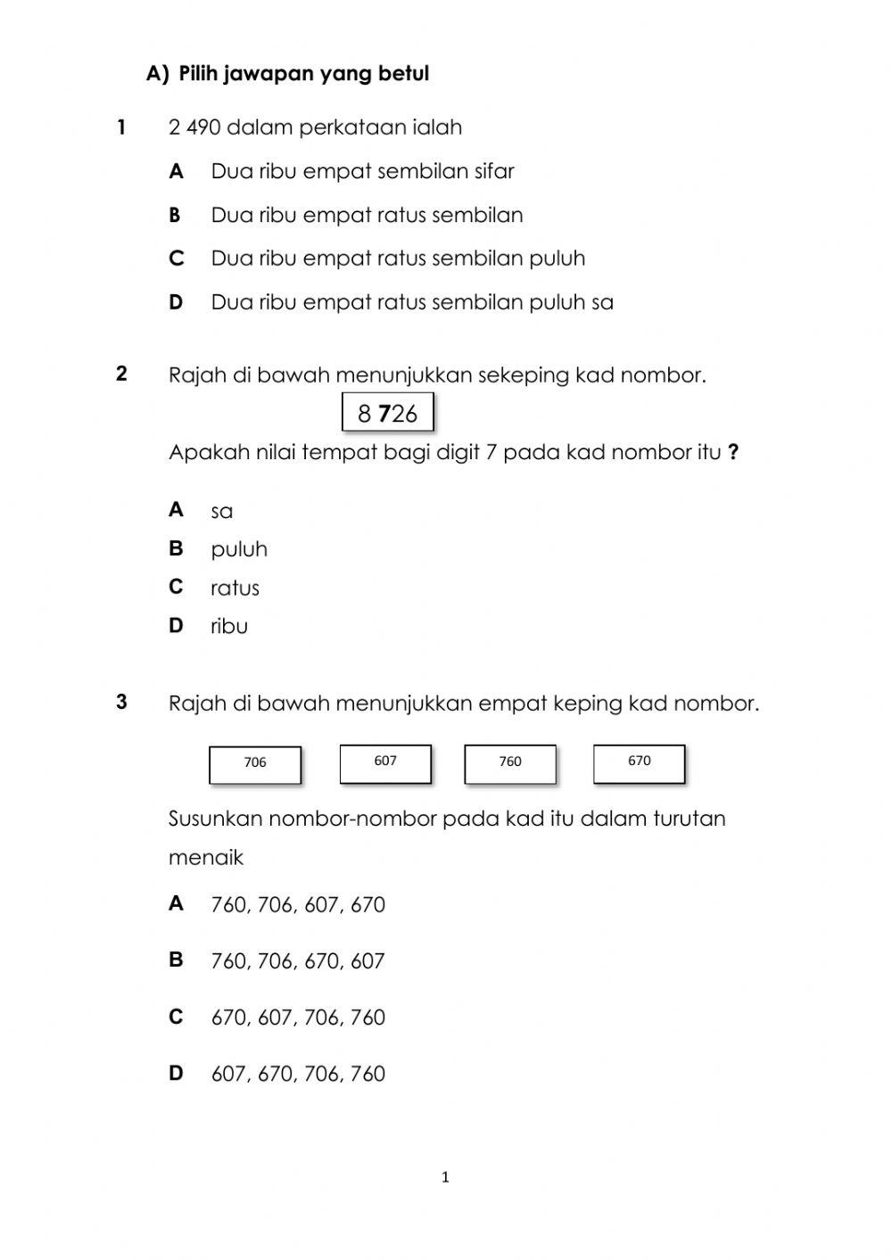 Latihan Pengukuhan 1 : Matematik Tahun 3