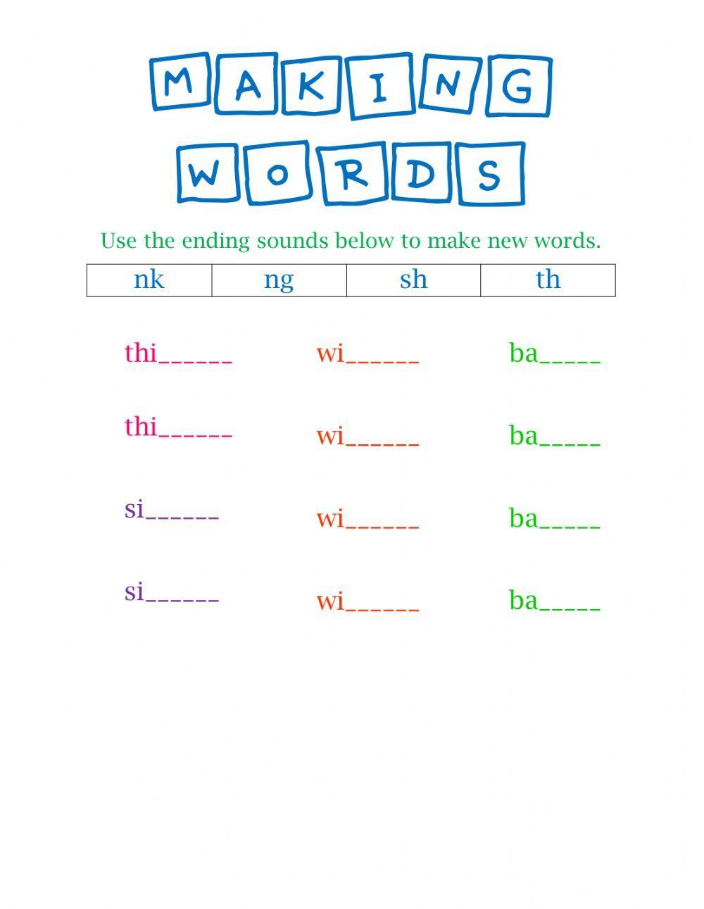 Making Words- final consonant digraphs and blends