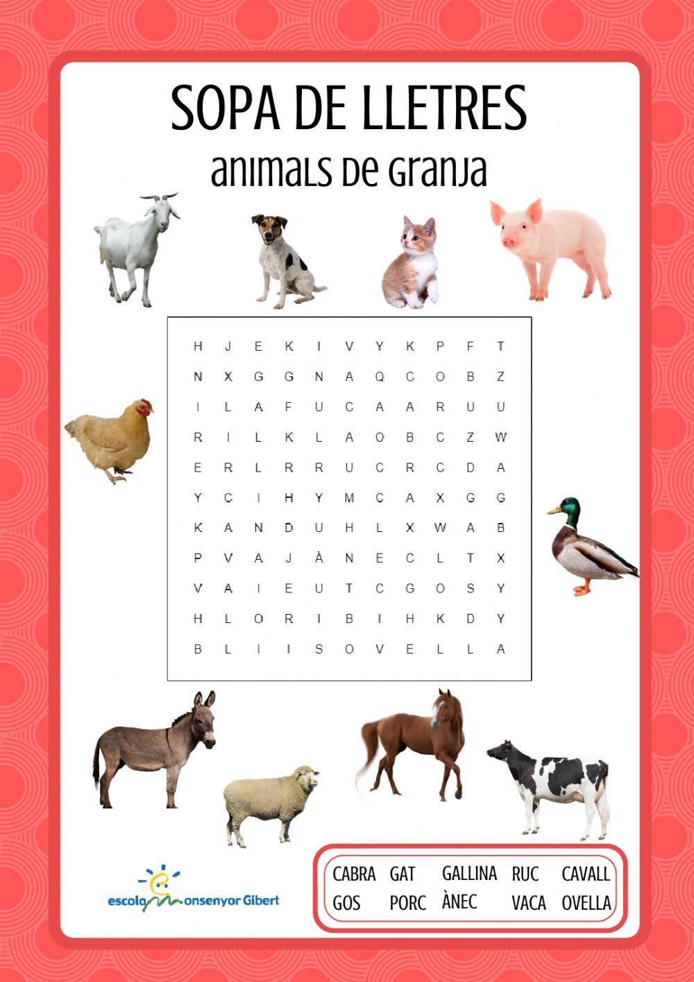 Sopa de lletres - animals de granja