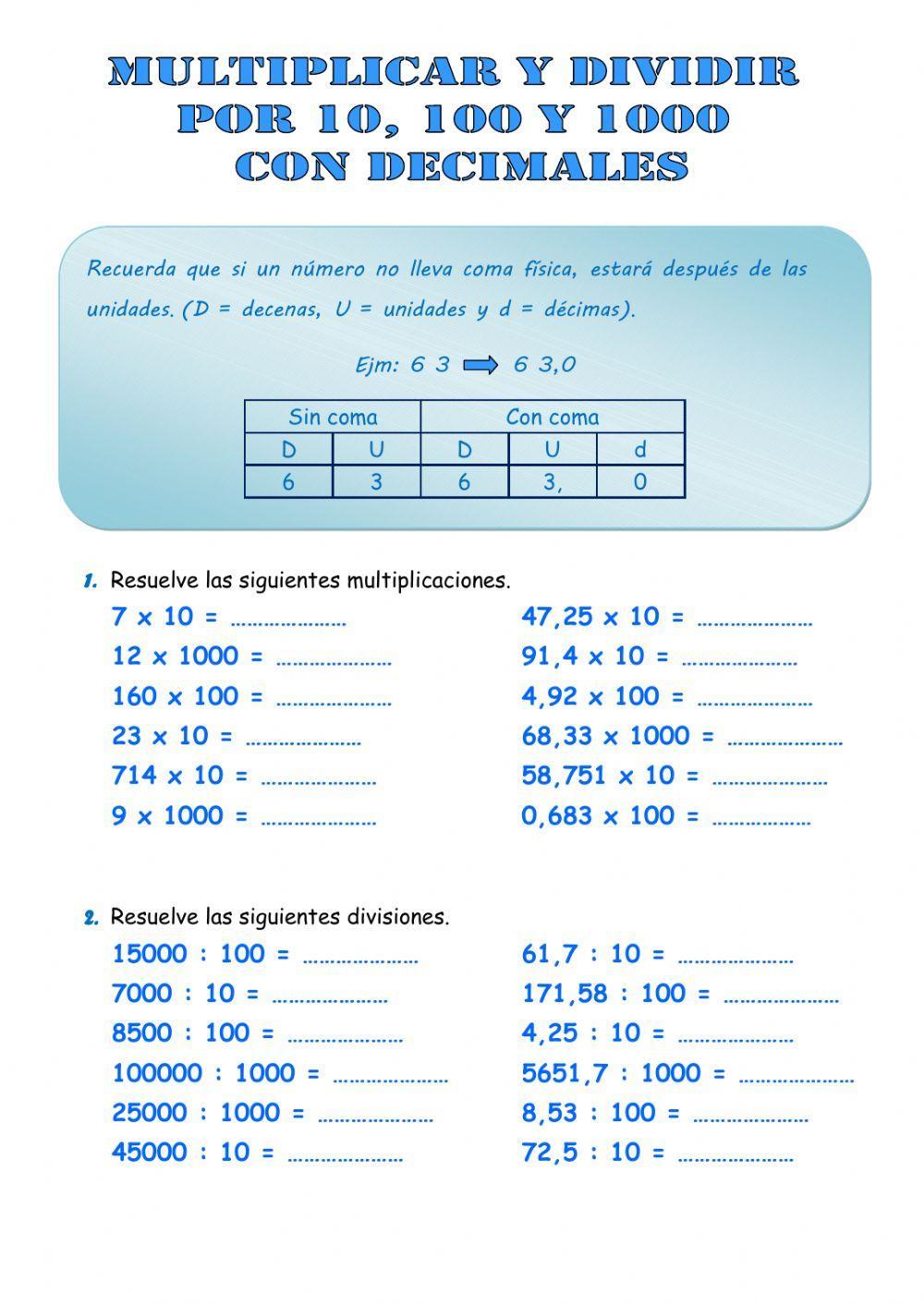 Multiplicar y dividir por 10, 100 y 1000