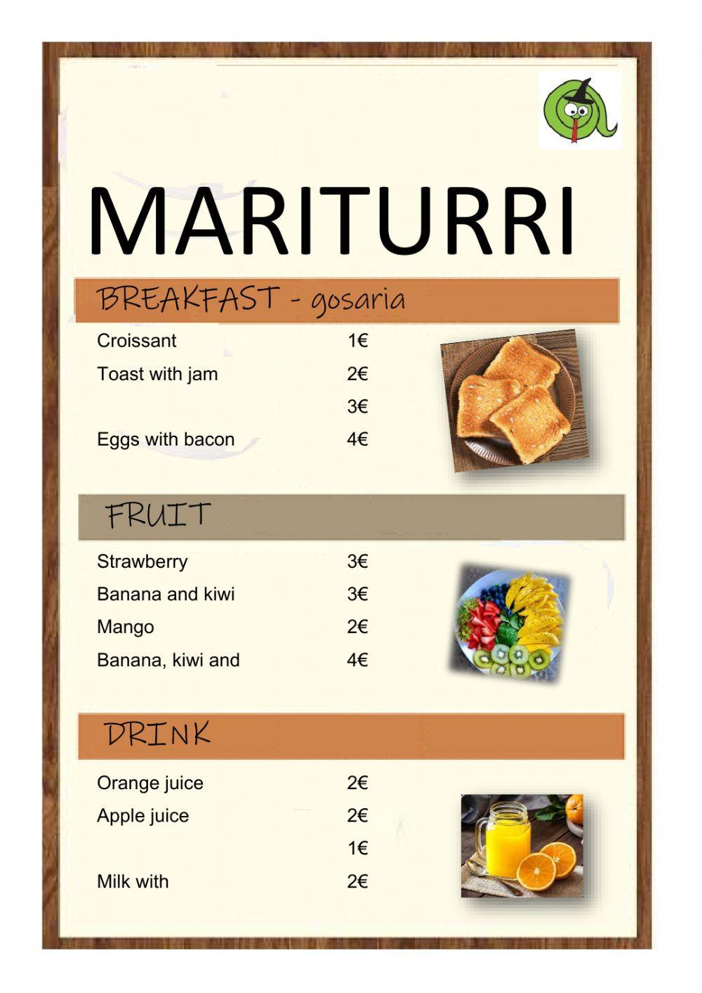 Breakfast menu