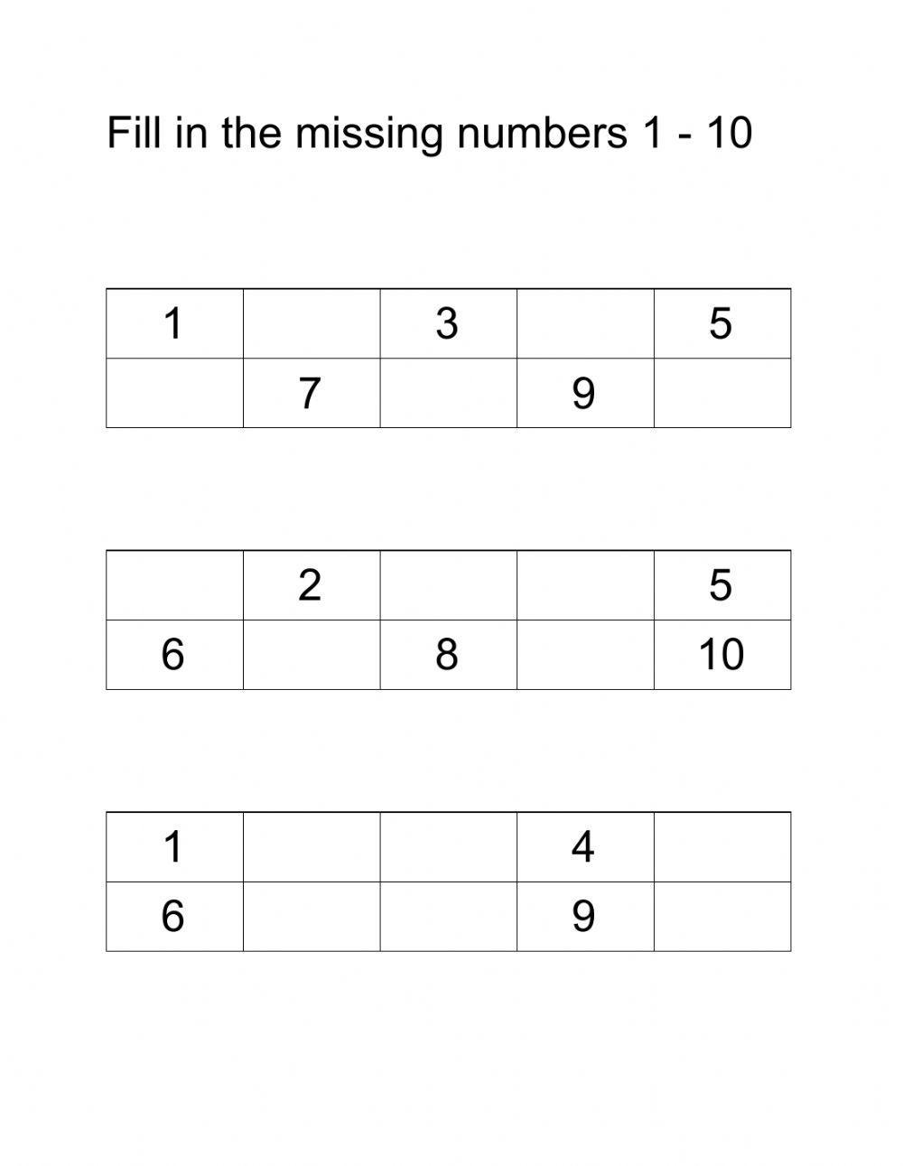 Fill in the missing numbers 1 - 10