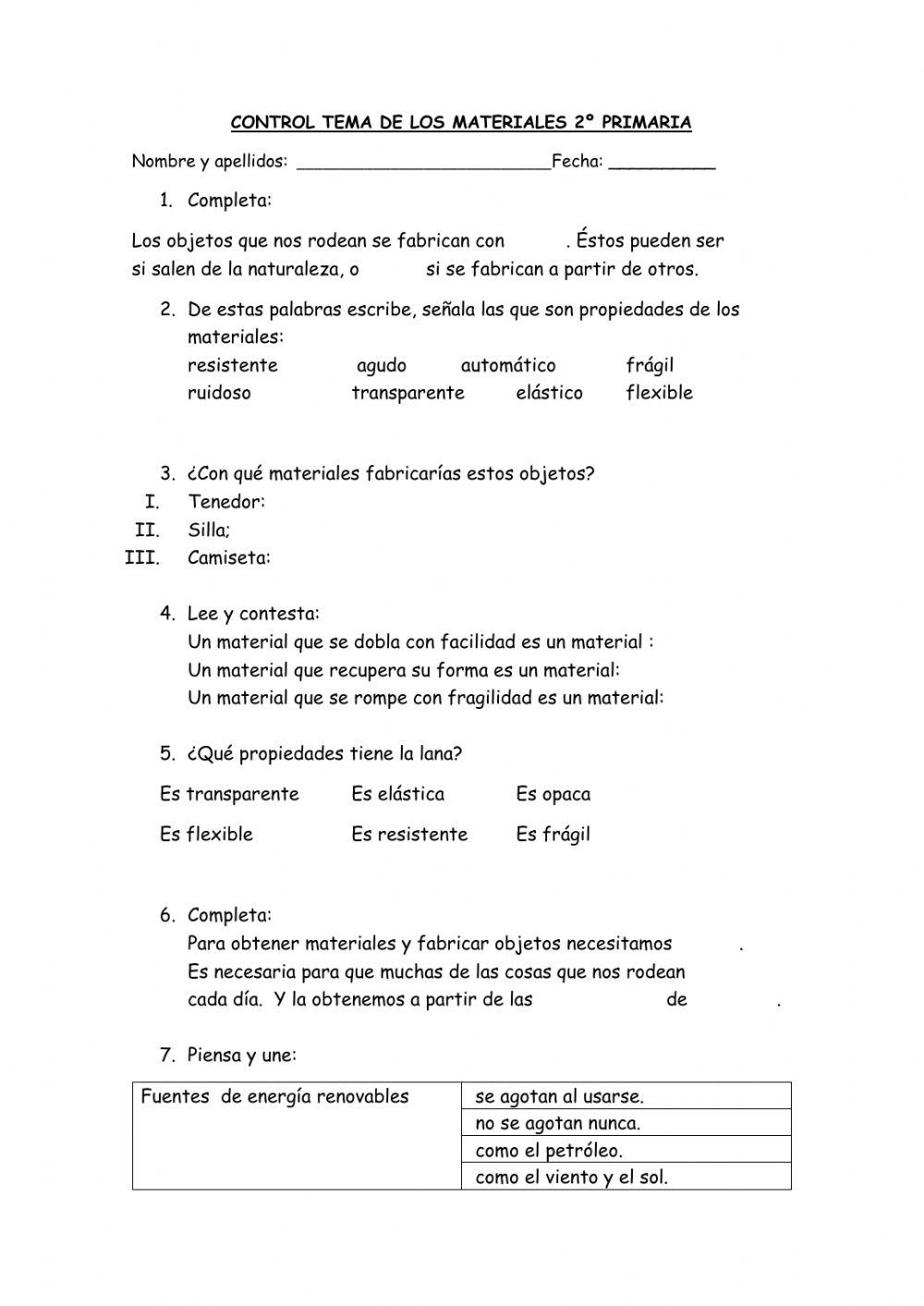 control LOS MATERIALES 2º PRIMARIA