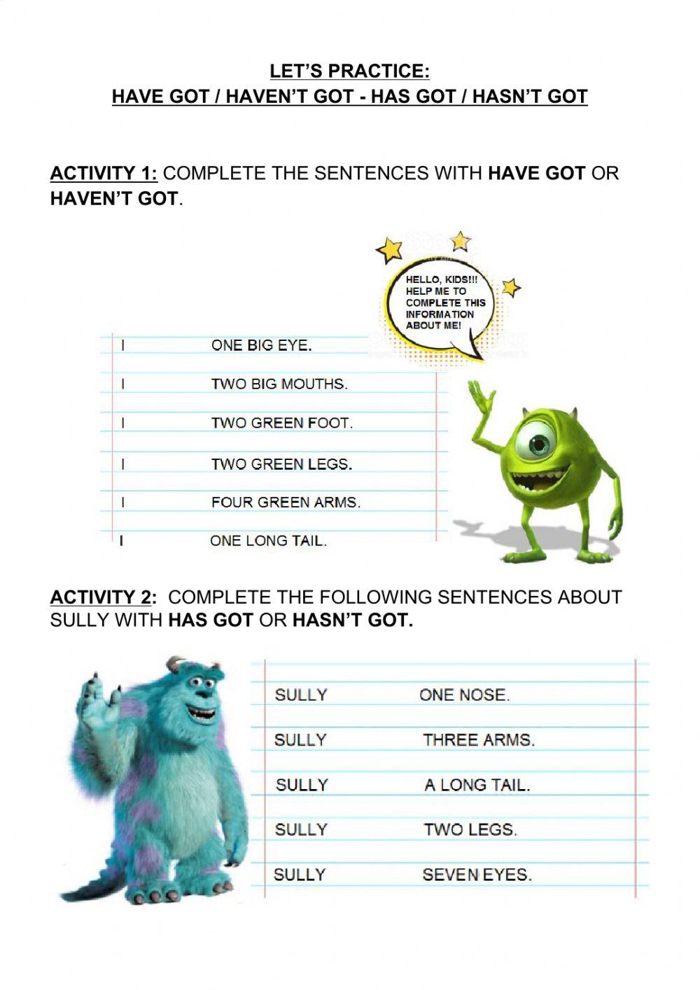 HAS GOT-HASN'T GOT - HAVE GOT-HAVEN'T GOT (MONSTER INC) online exercise ...