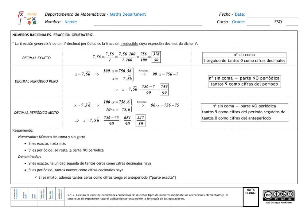 Números racionales. Tipos de decimales. Fracción generatriz