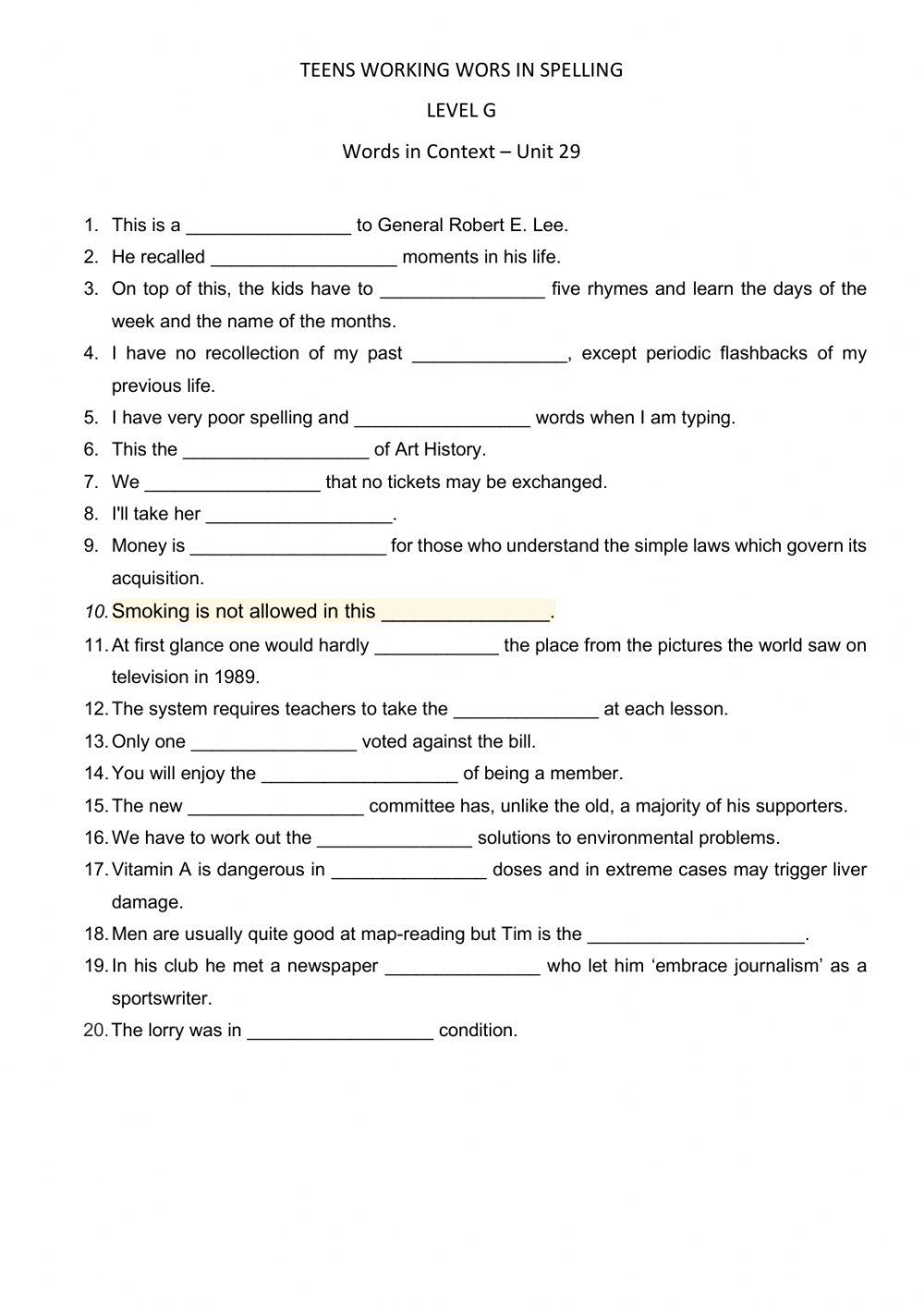 Words in context exercise Live Worksheets