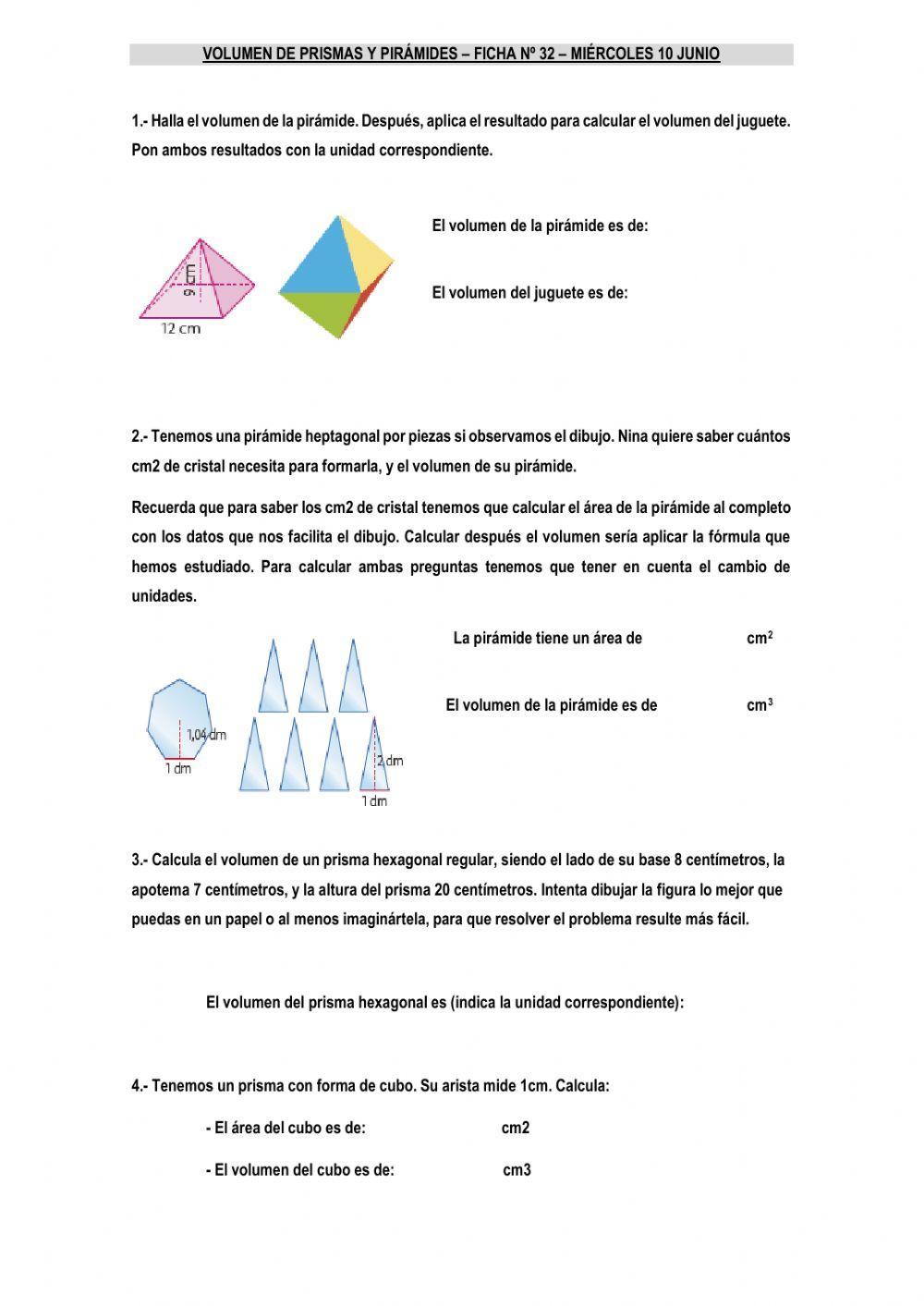 Prismas y pirámides - volúmenes y área