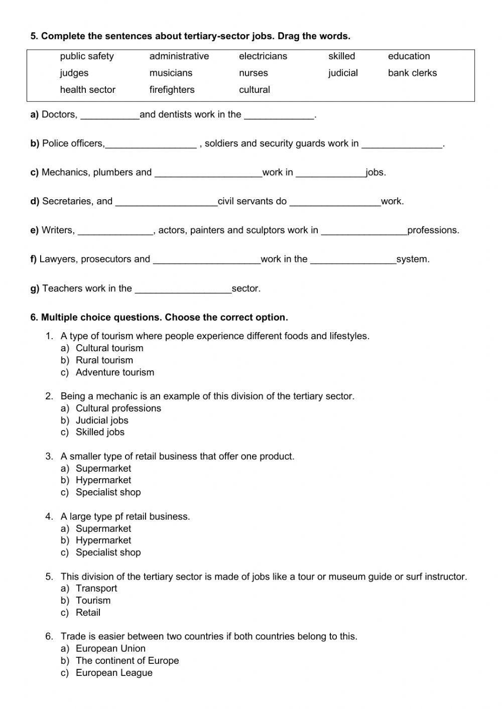 Unit 3: Tertiary Sector Review Worksheet