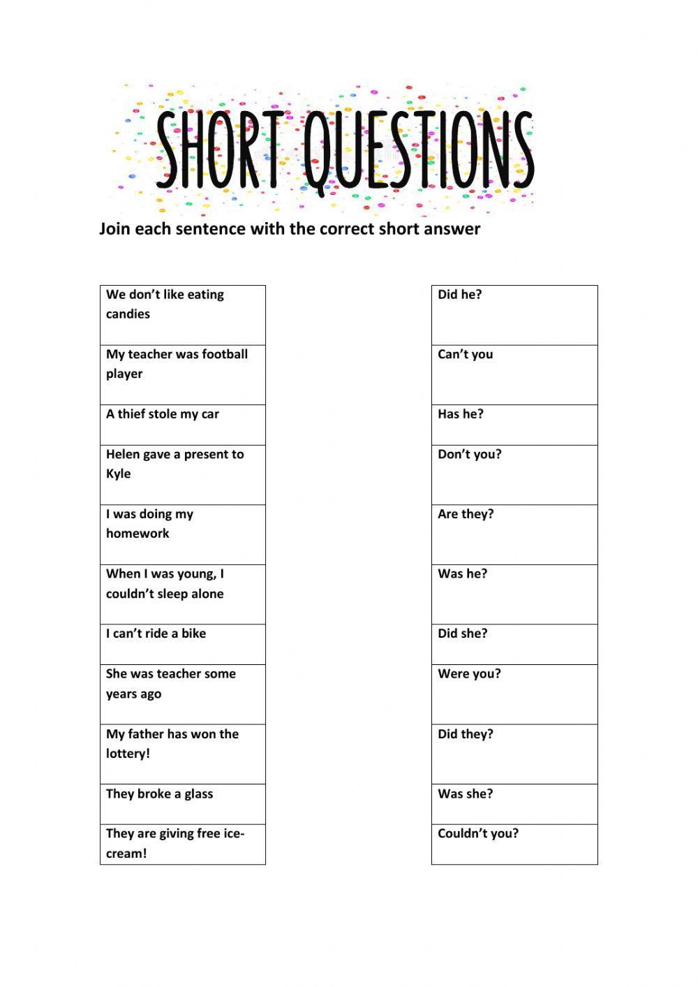 193278 | Short questions | rainmsj | LiveWorksheets