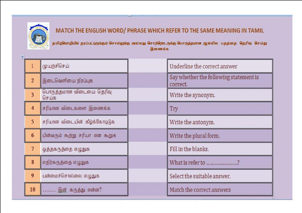 Matching tamil with english
