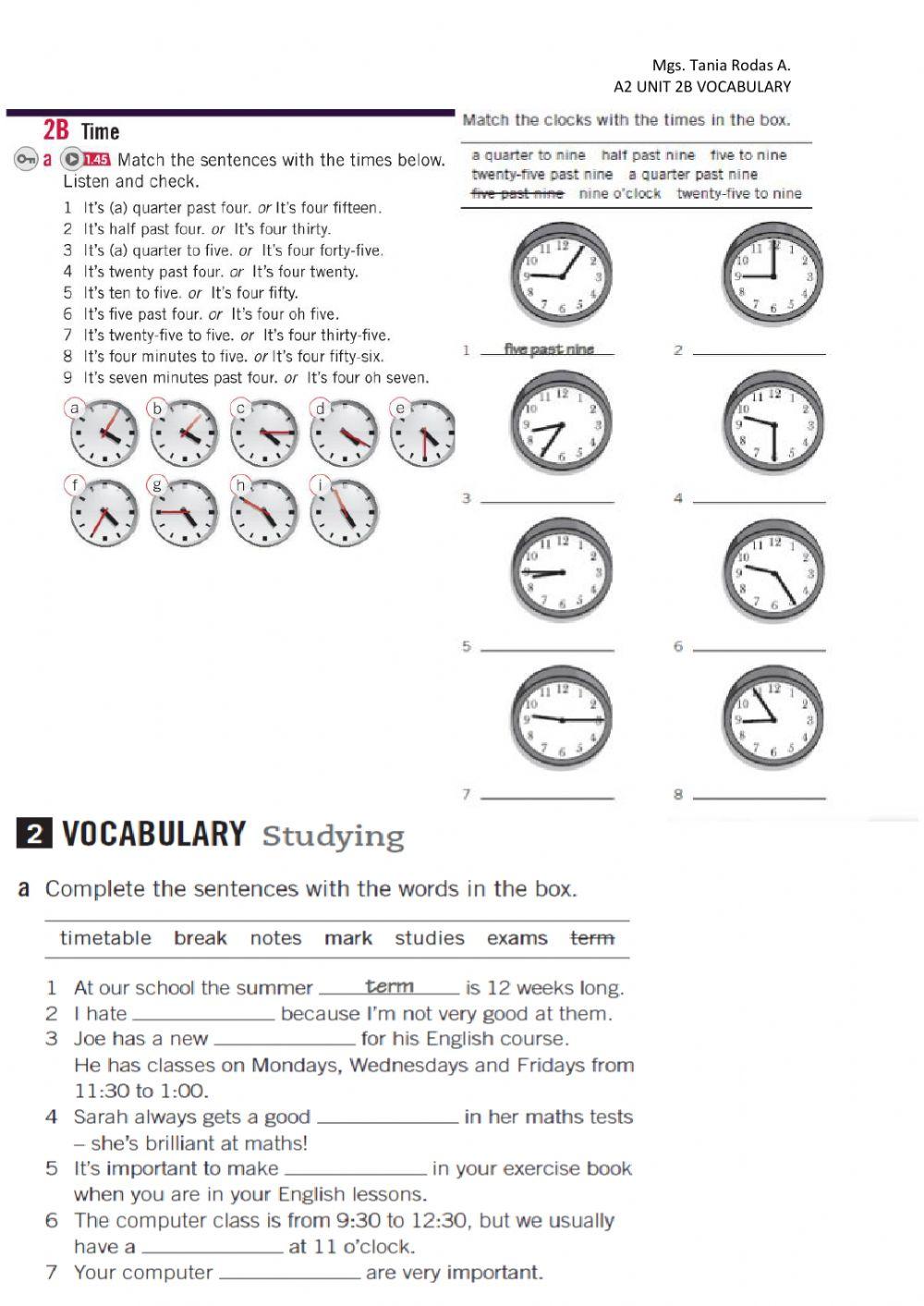 Times and vocabylary for study