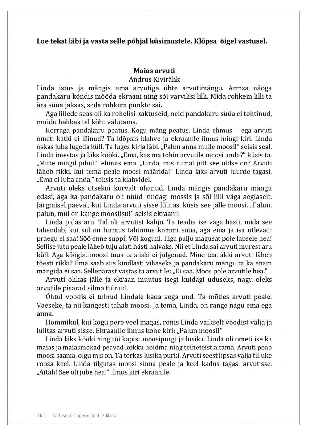 Lugemistest -Maias arvuti-