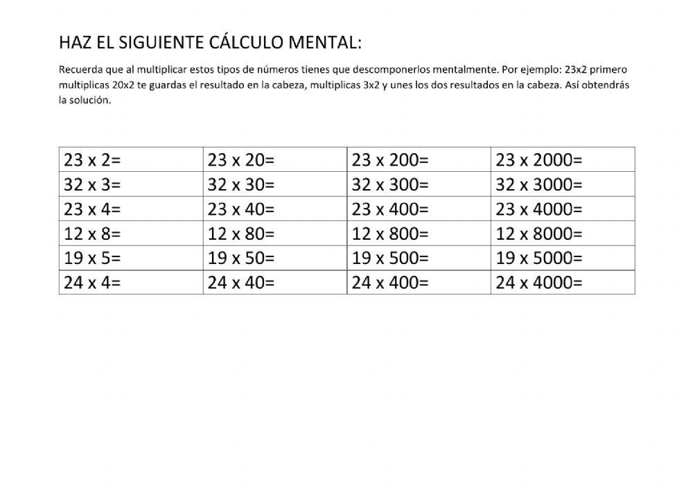 Cálculo mental multiplicaciones