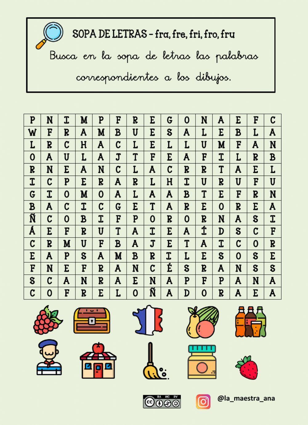 Sopa de letras fra, fre, fri, fro, fru