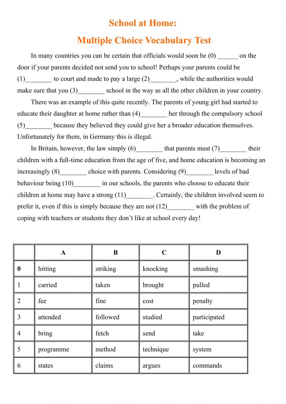 School at Home: Multiple Choice Vocabulary Test