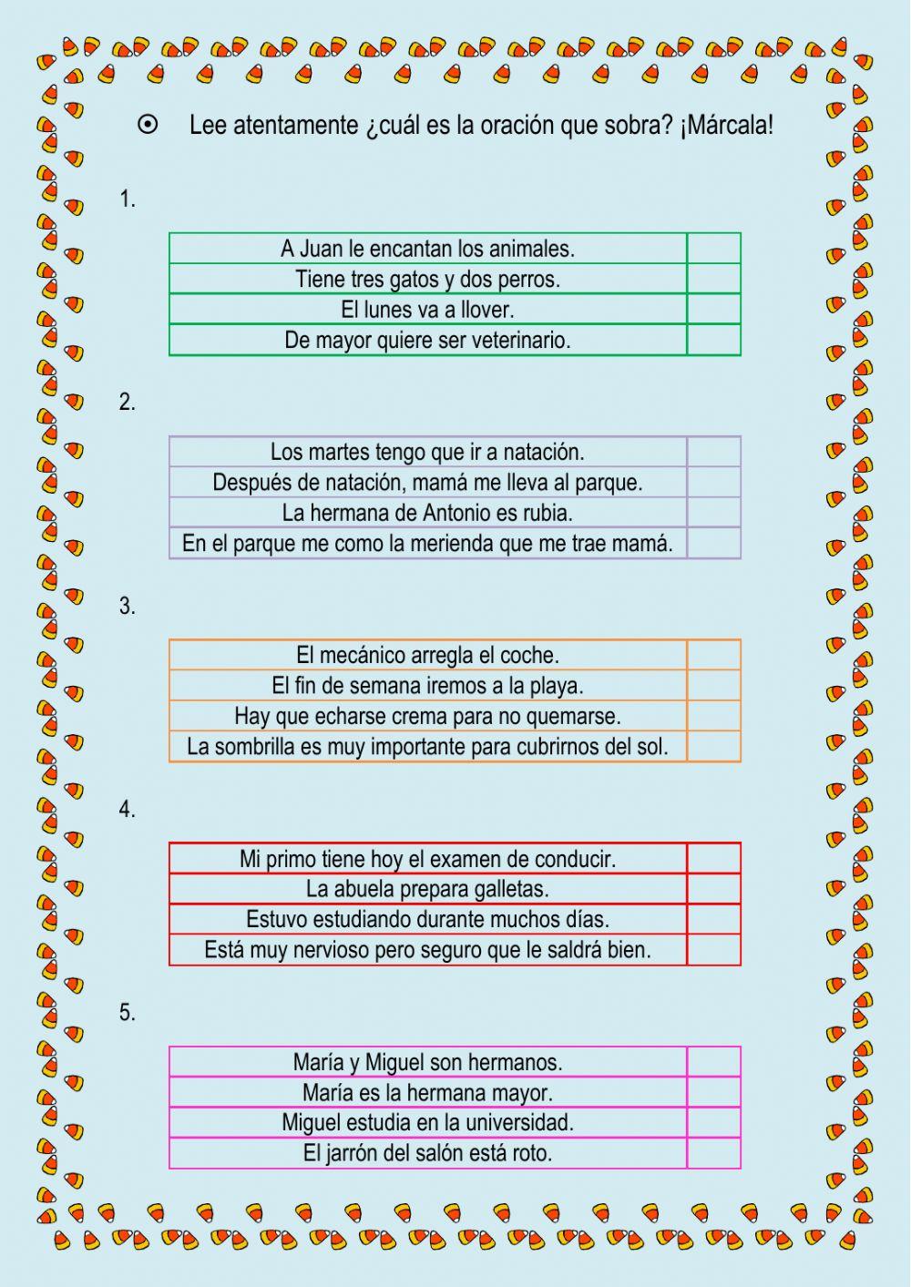 Lectura comprensiva - Señala la oración que sobra