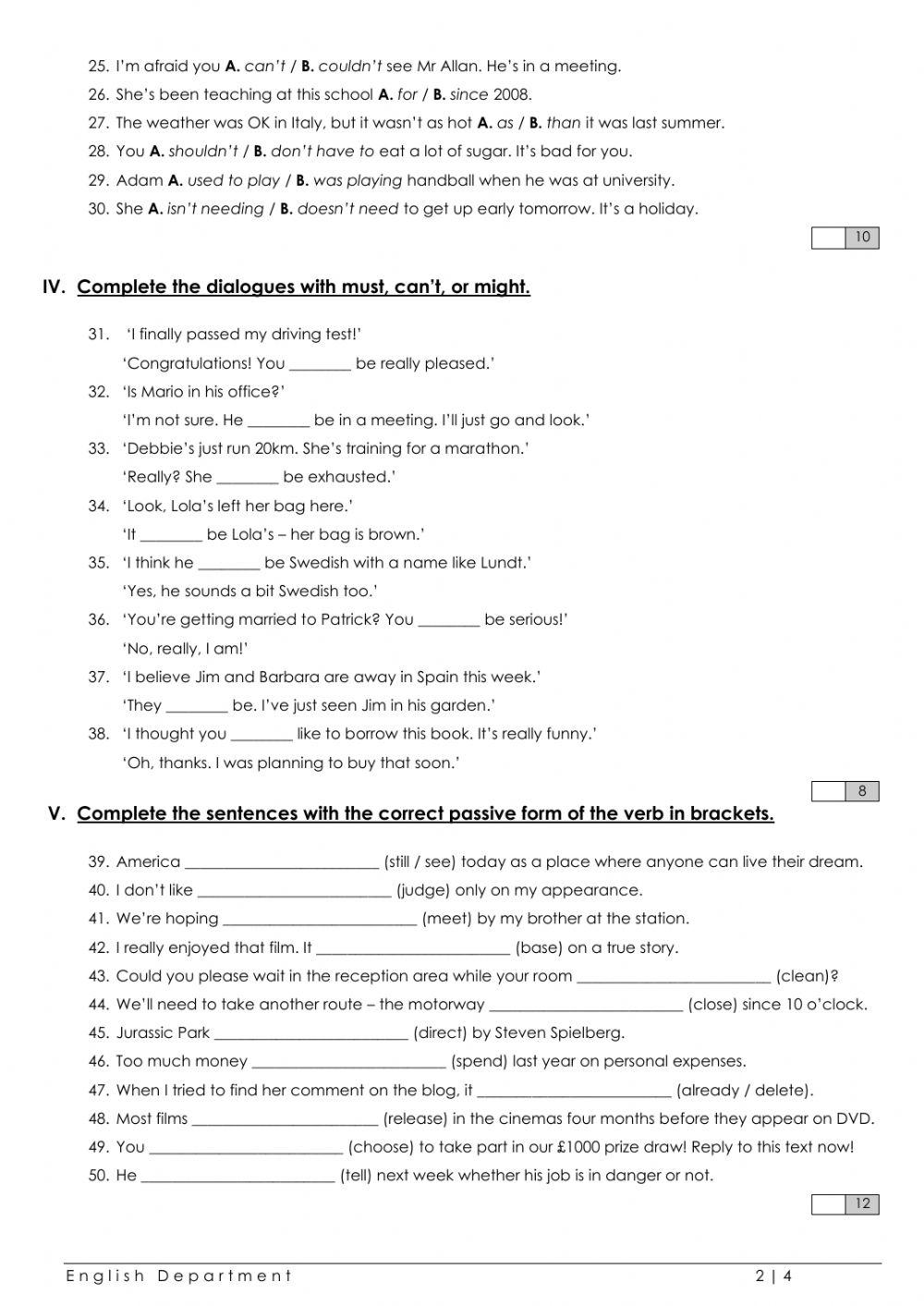 Grade 6 English File Grammar Test