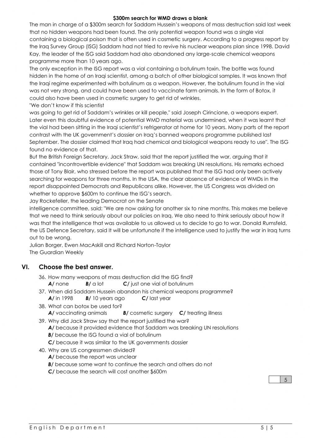 Grade6 English File Reading Test