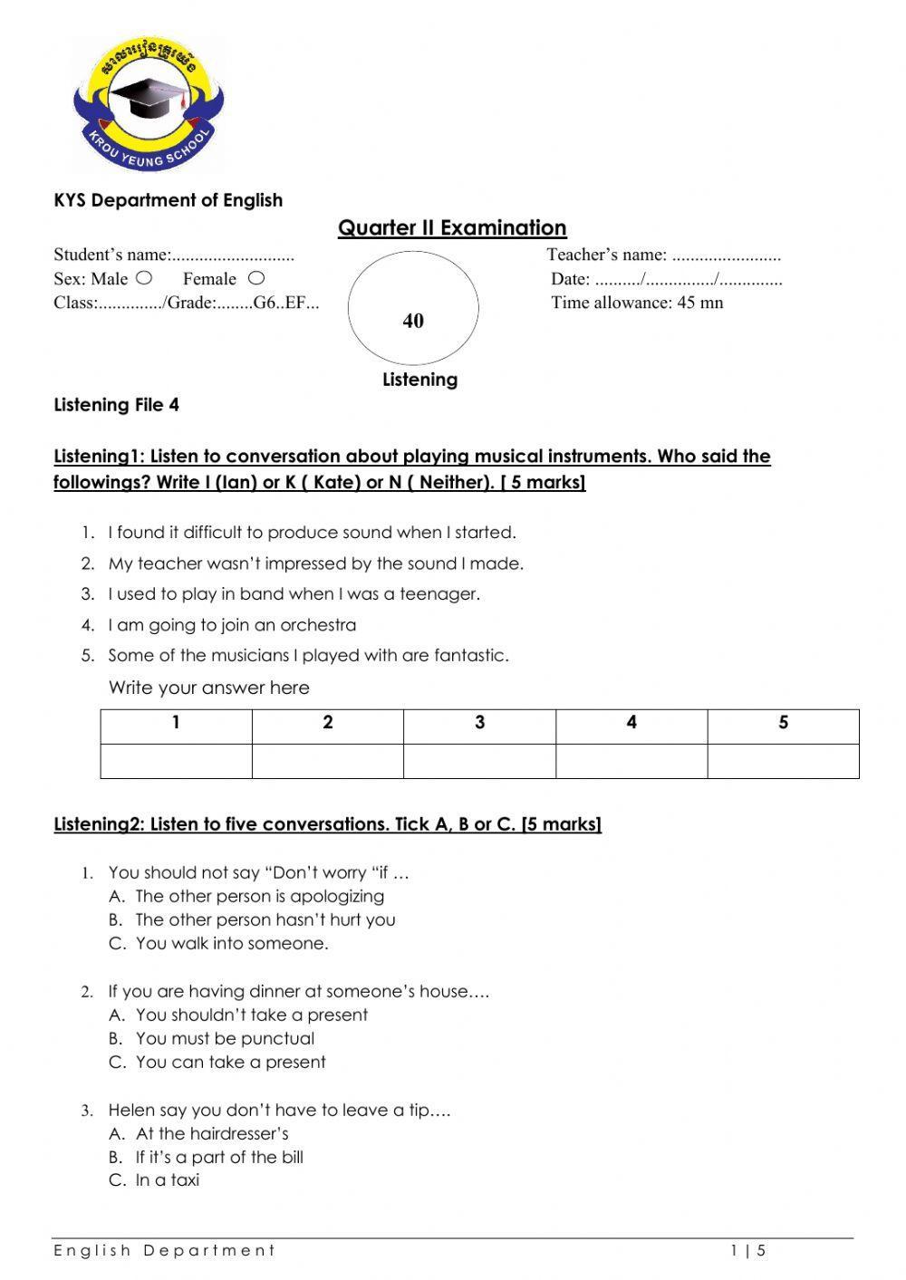 Grade6 English File Listening Test