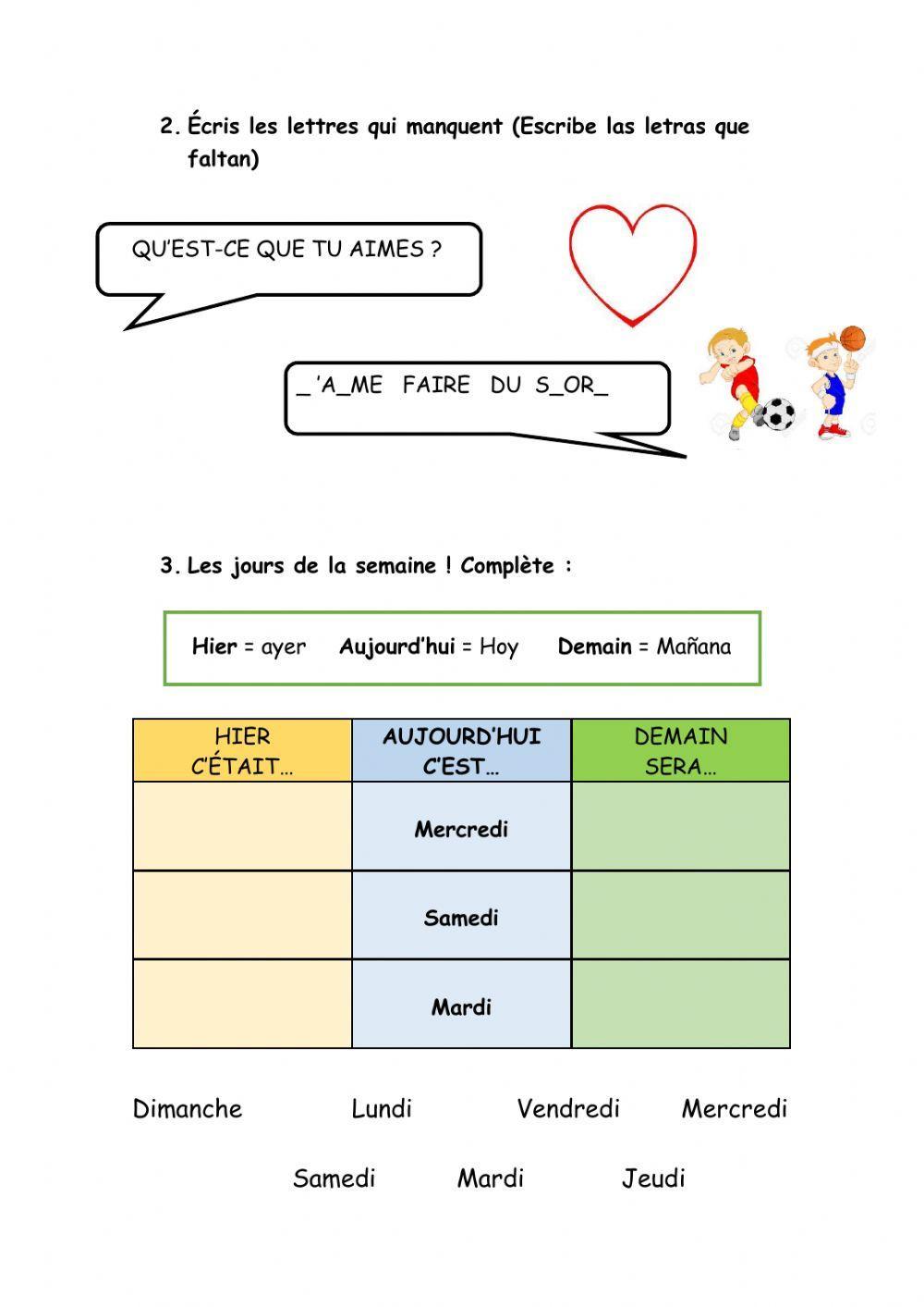 Les loisirs et les jours de la semaine