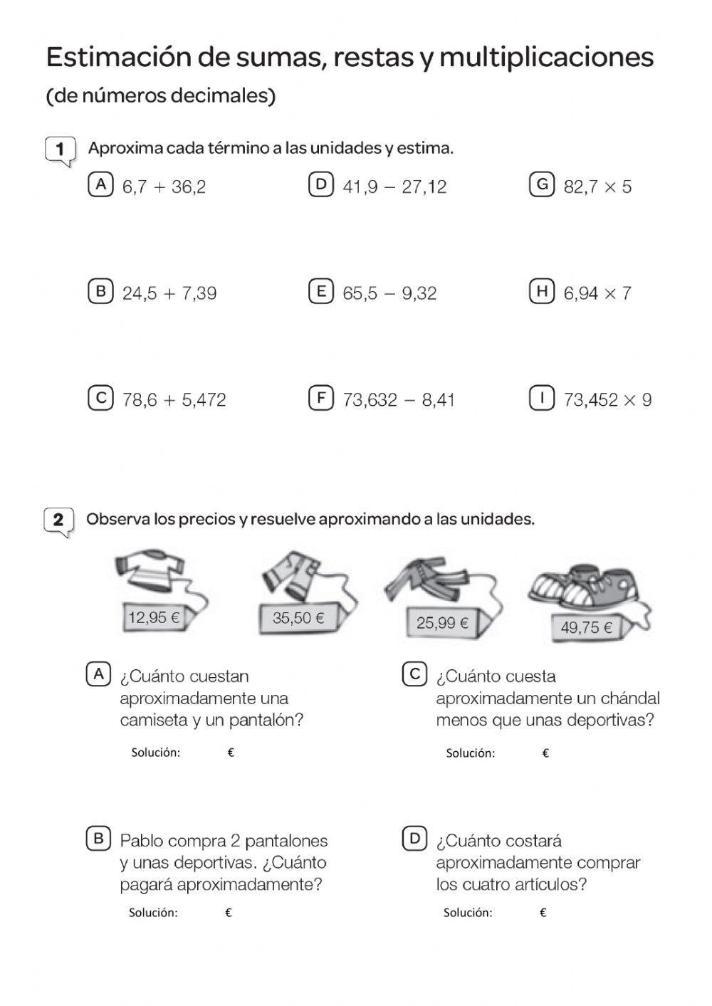 Estimación sumas, restas y multiplicaciones con decimales