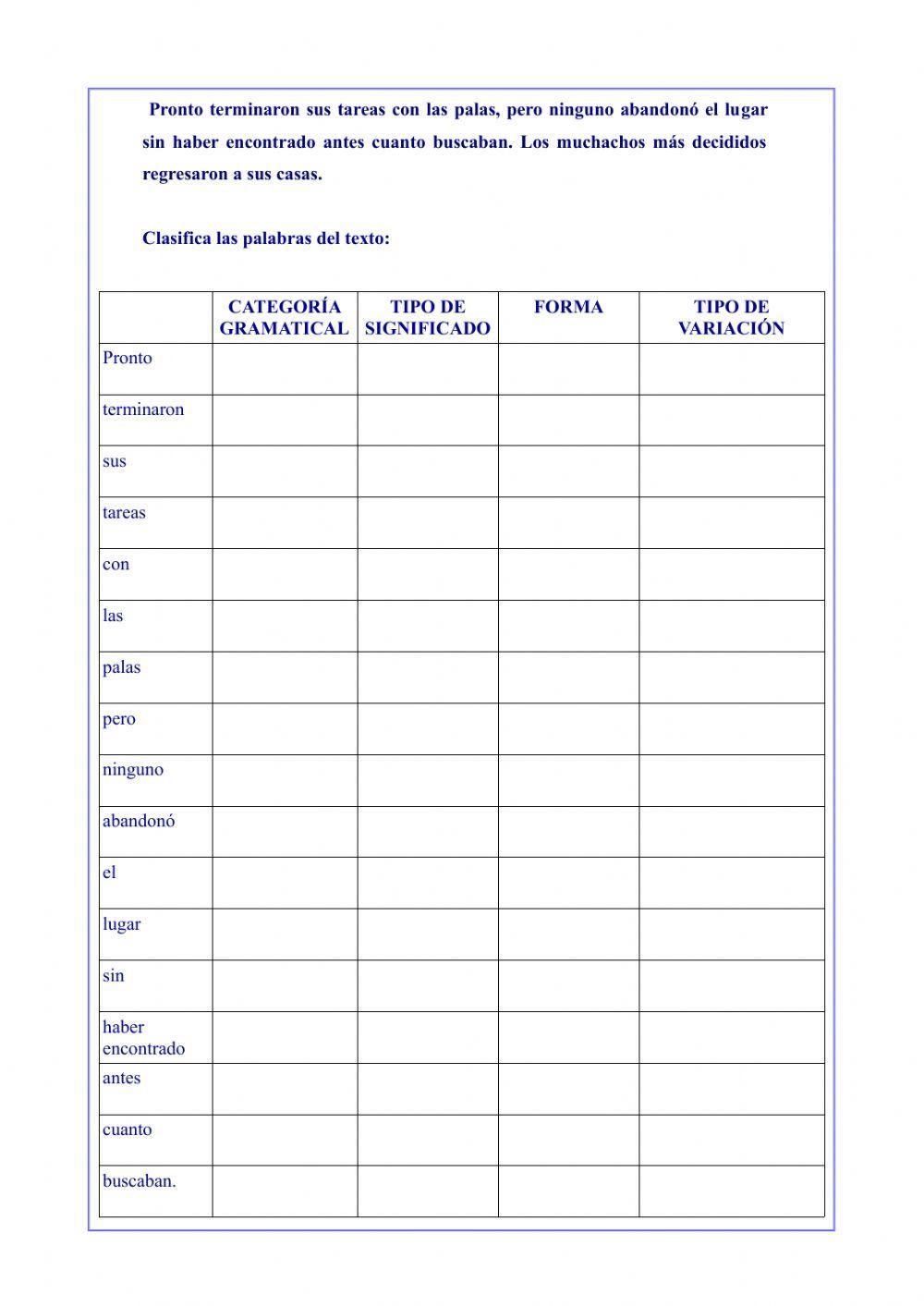 Clasificación de categorías gramaticales