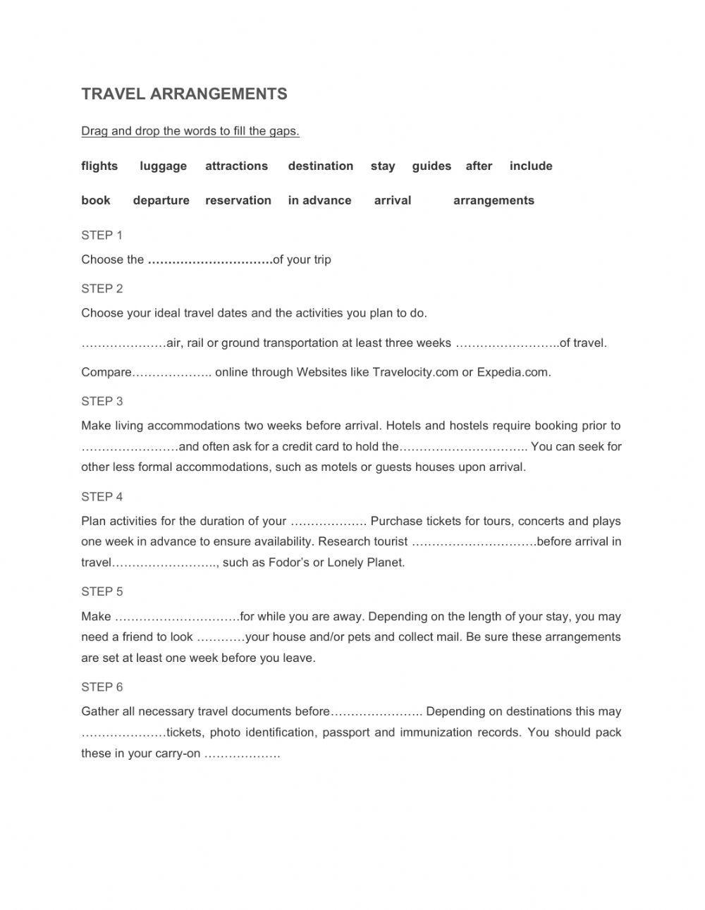 Travel Arrangements interactive worksheet Live Worksheets